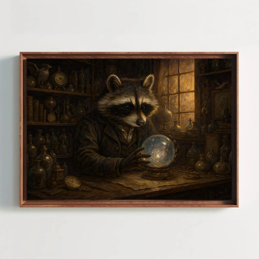 Raccoon Curiosity Shop Canvas Print | Dark Academia Wall Art | Mystical Animal Portrait | Goblincore Decor | Steampunk Giclée Wall Art – Canvas Print