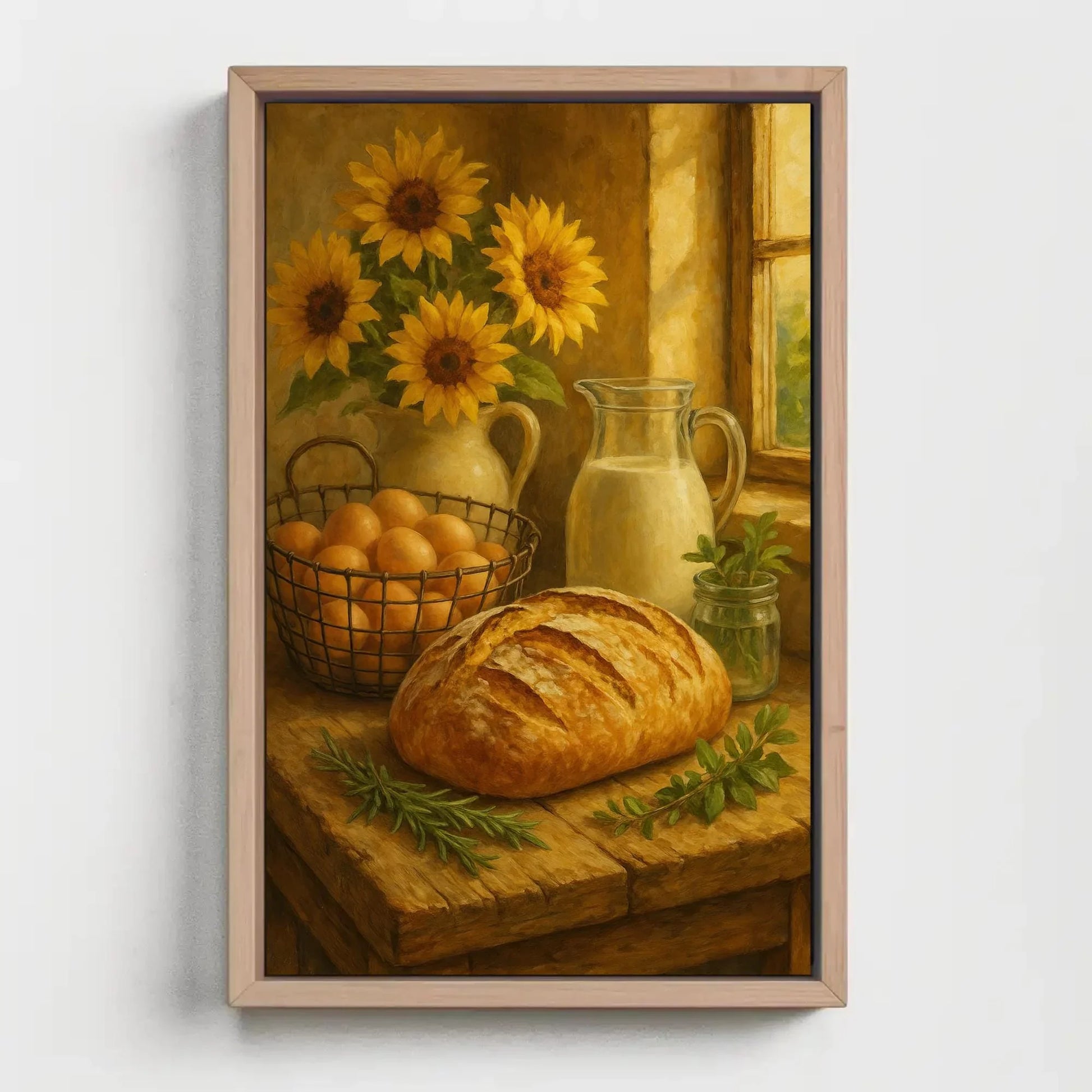 Farmhouse Fresh Kitchen Wall Art | Rustic Bread Eggs Milk Canvas Print | Sunflower Still Life Decor Wall Art – Canvas Print