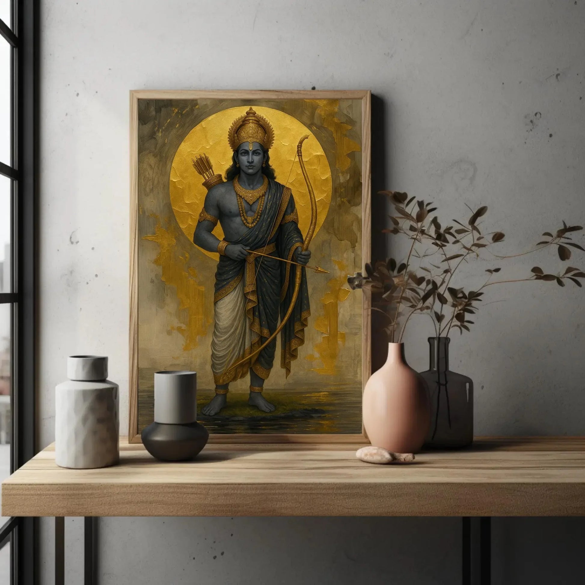Lord Rama canvas print Golden Moon Hindu god archery painting spiritual Ramayana art wall decor for home mandir or puja room setting Wall Art – Canvas Print