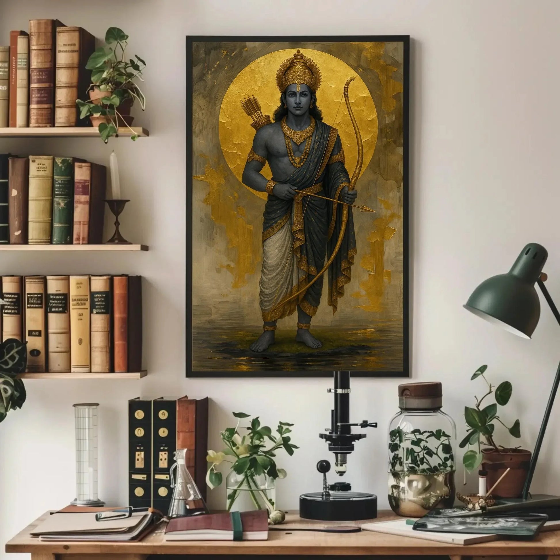 Lord Rama canvas print Golden Moon Hindu god archery painting spiritual Ramayana art wall decor for home mandir or puja room setting Wall Art – Canvas Print