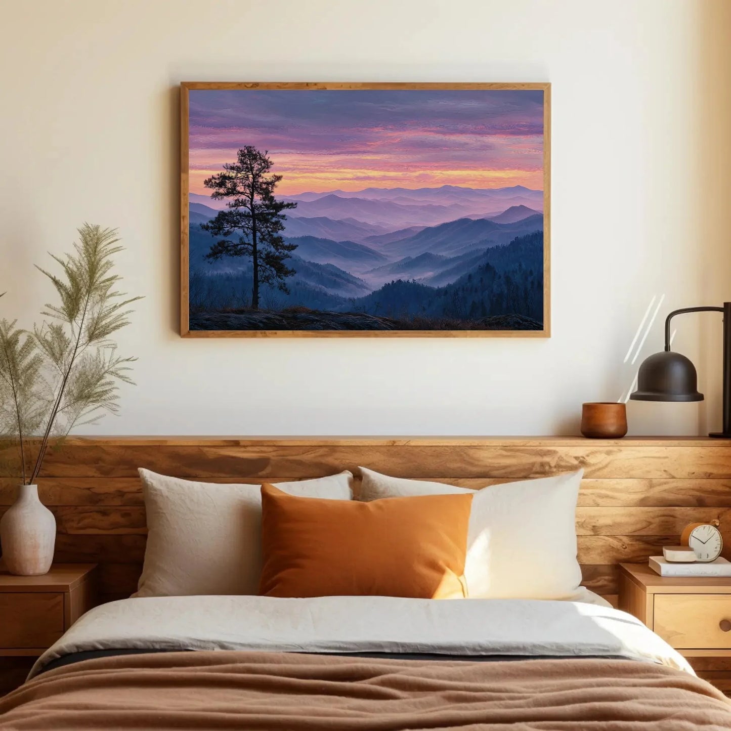 Misty Mountain Sunrise Canvas Print - Pastel Landscape Wall Art, Serene Pine Tree Painting, Tranquil Valley Decor, Nature Escape Artwork Wall Art – Canvas Print