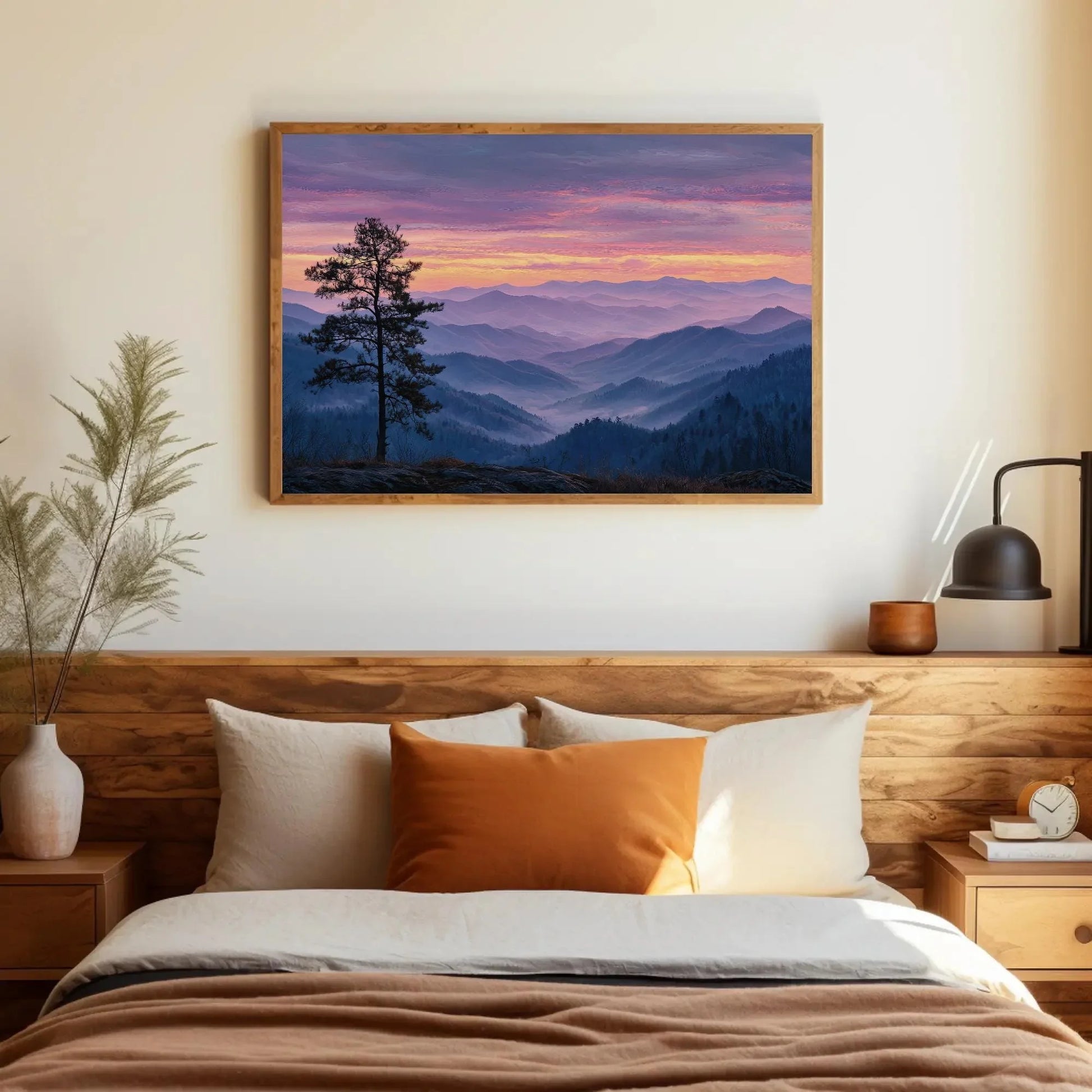 Misty Mountain Sunrise Canvas Print - Pastel Landscape Wall Art, Serene Pine Tree Painting, Tranquil Valley Decor, Nature Escape Artwork Wall Art – Canvas Print