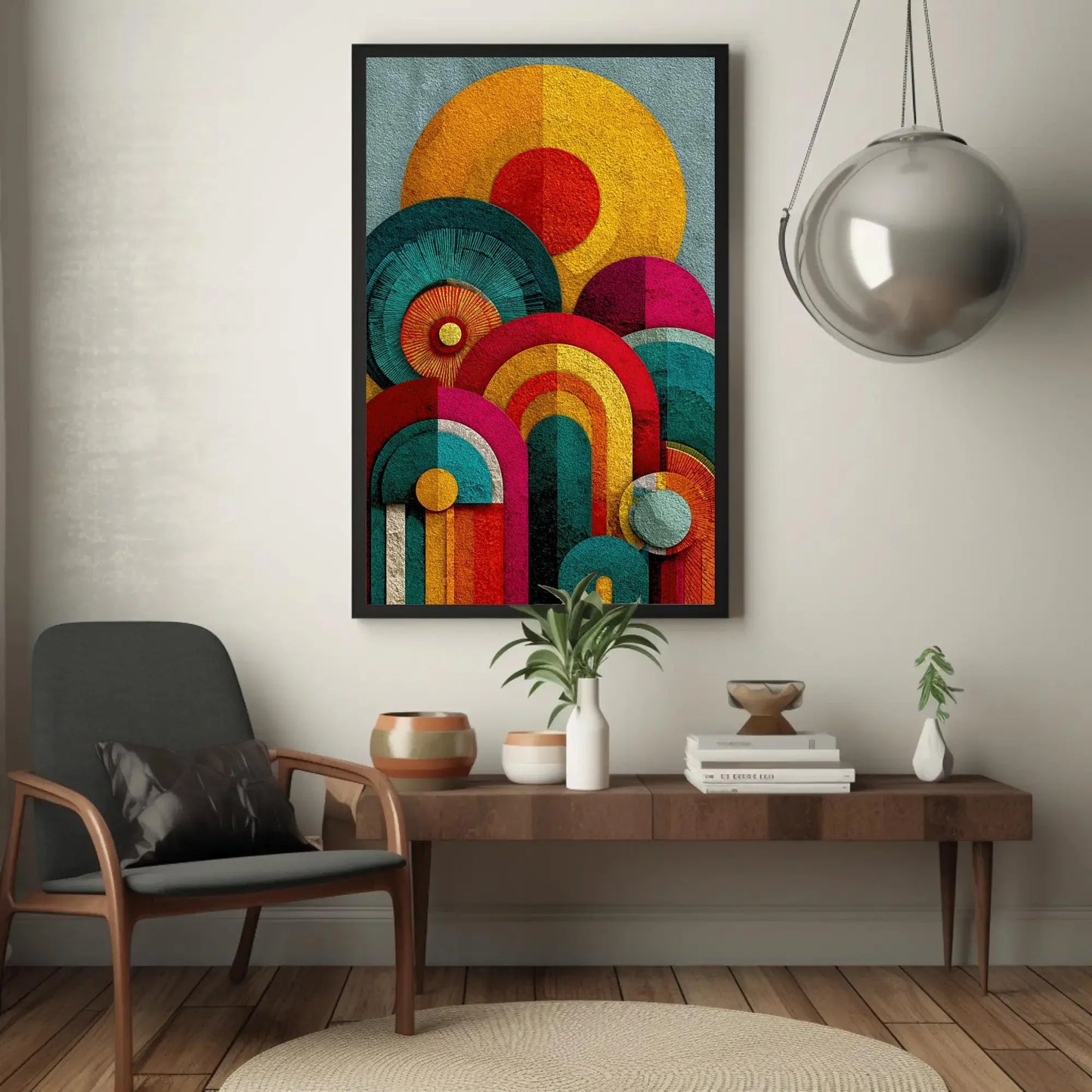 Retro Geometric Canvas Art, 70s Inspired Abstract Print, Vibrant Dopamine Decor, Yellow Orange Pink Teal Wall Art, Textured Circle Design Wall Art – Canvas Print