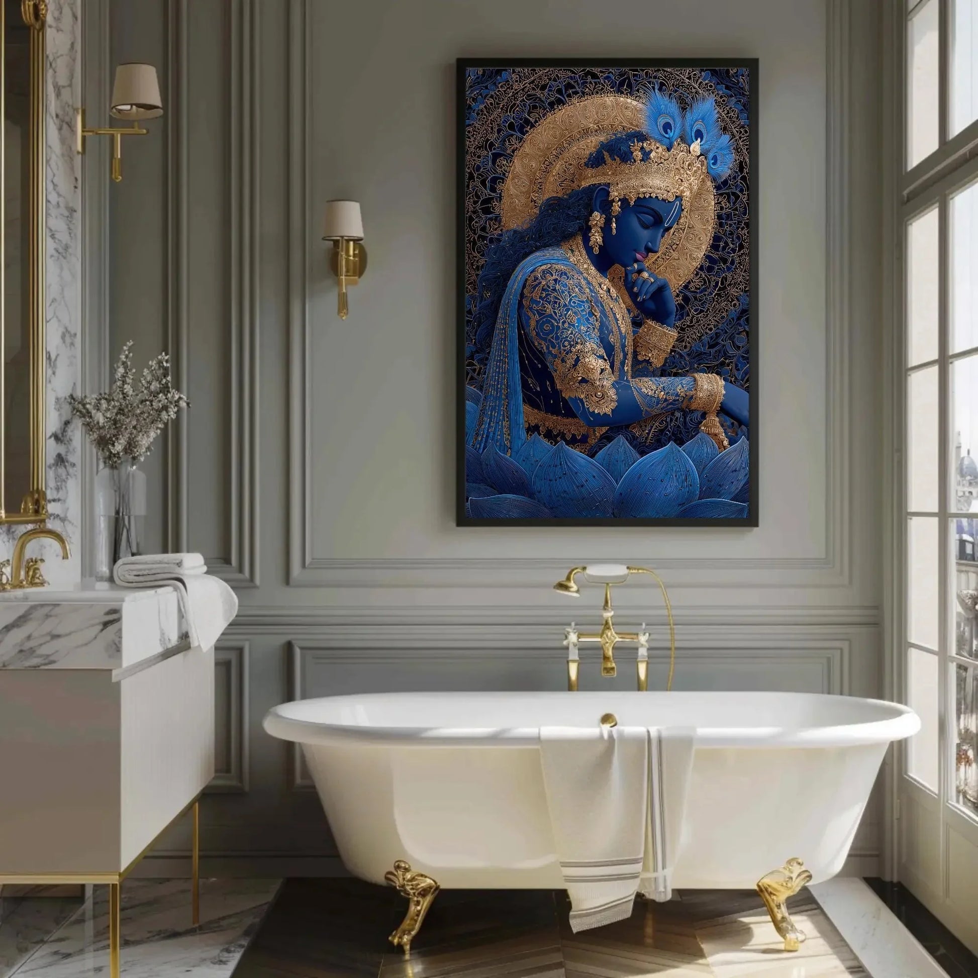 Divine Lord Krishna Art Print | Spiritual Hindu God Wall Art | Gold Detail Canvas | Yoga Zen Decor | Sacred Art Gift Wall Art – Canvas Print