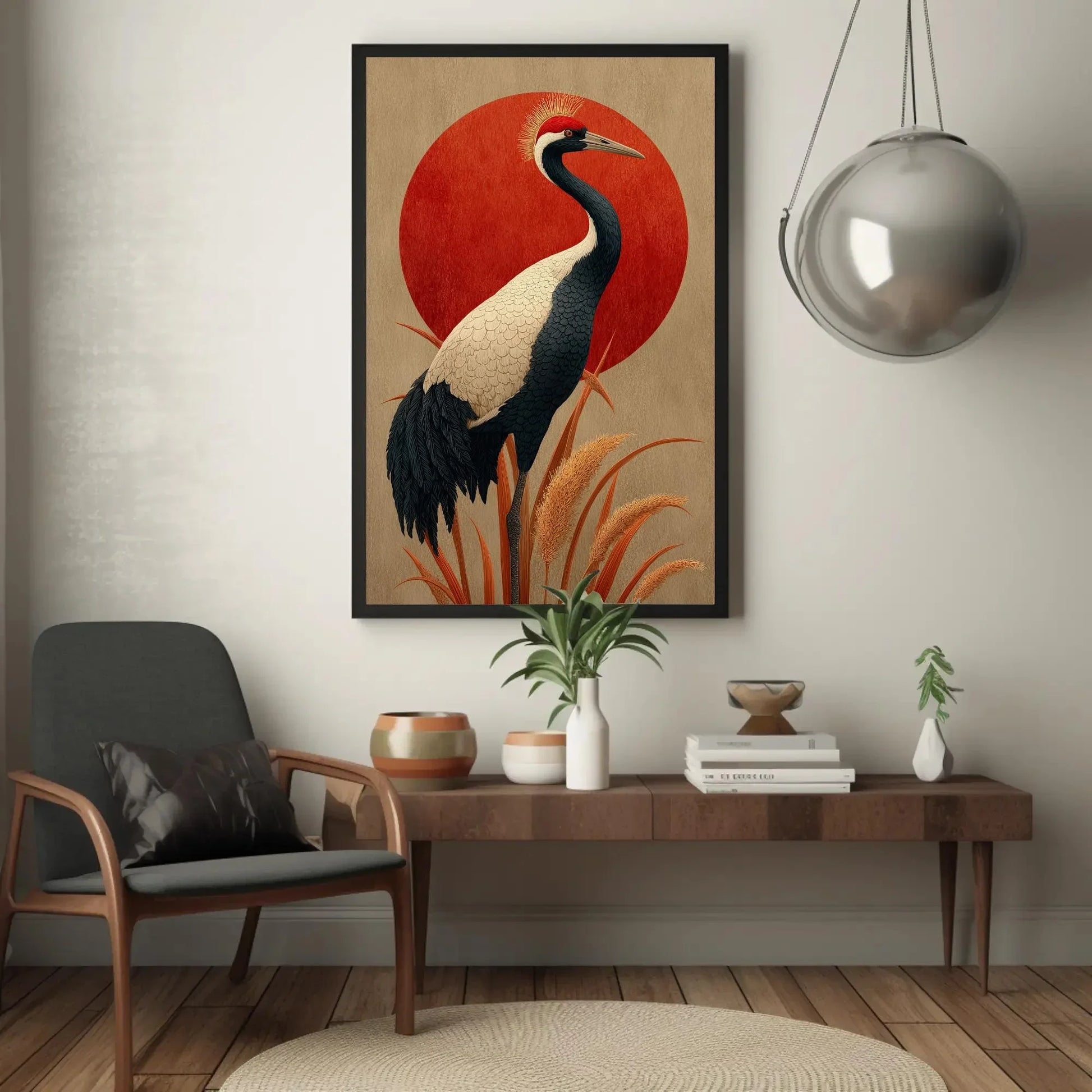 Japandi Crane Canvas Print, Red Sun Japanese Wall Art, Minimalist Bird Decor, Beige Neutral Zen Artwork, Serene Nature Gift for Home Wall Art – Canvas Print