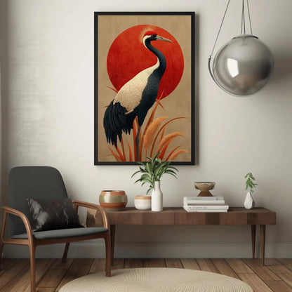 Japandi Crane Canvas Print, Red Sun Japanese Wall Art, Minimalist Bird Decor, Beige Neutral Zen Artwork, Serene Nature Gift for Home Wall Art – Canvas Print