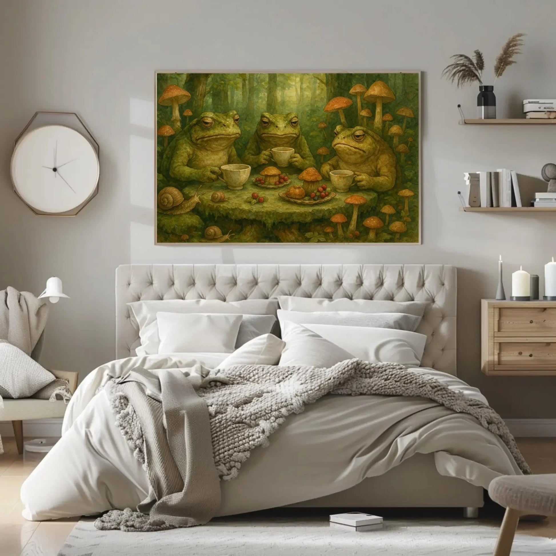 Goblincore Frogs Forest Feast Canvas Print | Whimsical Mushroom Tea Party Art | Enchanted Woodland Decor | Quirky Frog Giclée Wall Art – Canvas Print