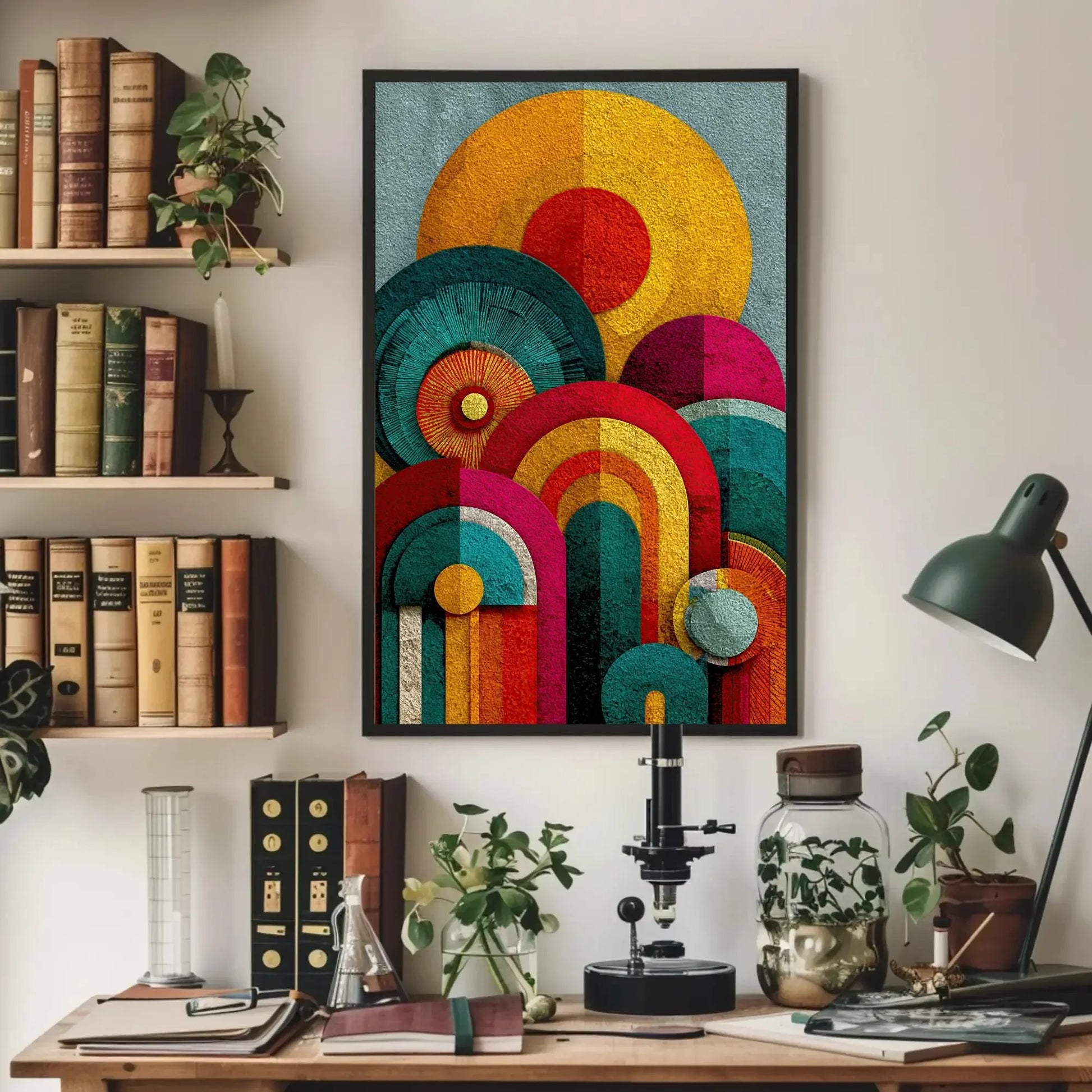 Retro Geometric Canvas Art, 70s Inspired Abstract Print, Vibrant Dopamine Decor, Yellow Orange Pink Teal Wall Art, Textured Circle Design Wall Art – Canvas Print