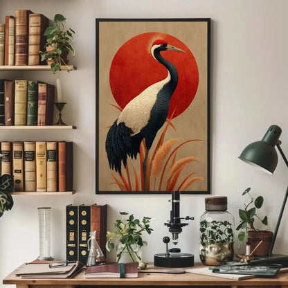Japandi Crane Canvas Print, Red Sun Japanese Wall Art, Minimalist Bird Decor, Beige Neutral Zen Artwork, Serene Nature Gift for Home Wall Art – Canvas Print