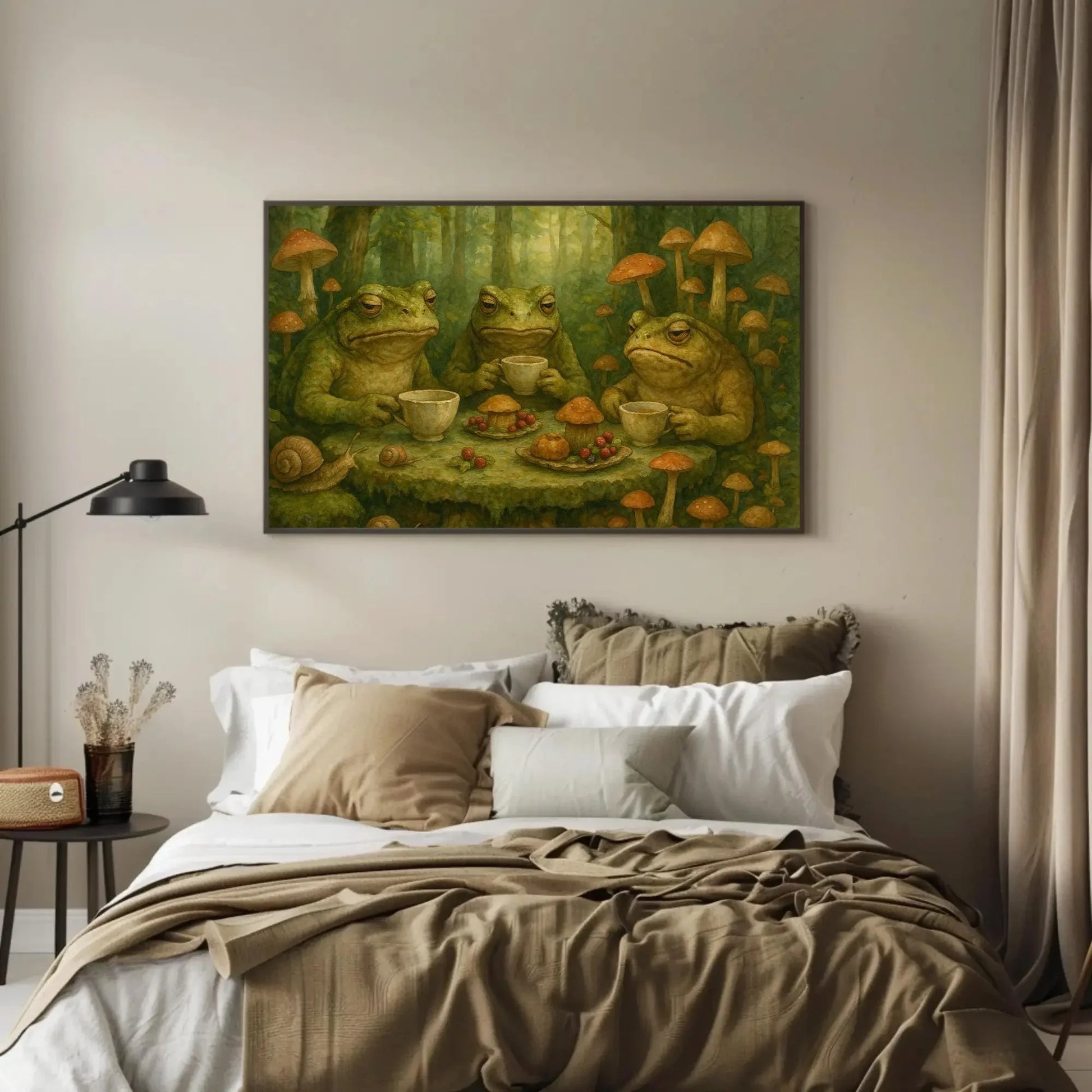 Goblincore Frogs Forest Feast Canvas Print | Whimsical Mushroom Tea Party Art | Enchanted Woodland Decor | Quirky Frog Giclée Wall Art – Canvas Print