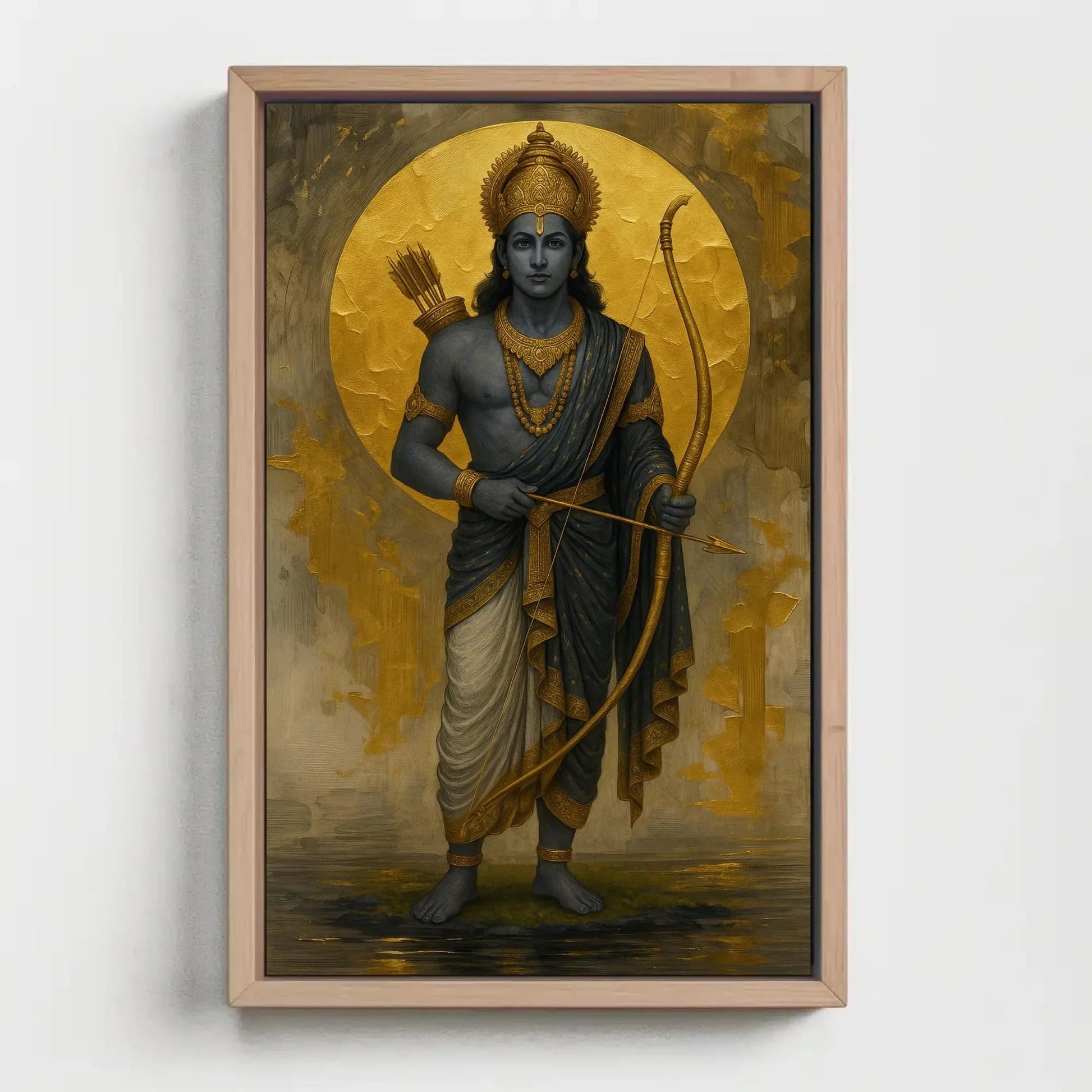 Lord Rama canvas print Golden Moon Hindu god archery painting spiritual Ramayana art wall decor for home mandir or puja room setting Wall Art – Canvas Print
