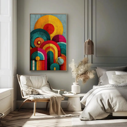 Retro Geometric Canvas Art, 70s Inspired Abstract Print, Vibrant Dopamine Decor, Yellow Orange Pink Teal Wall Art, Textured Circle Design Wall Art – Canvas Print