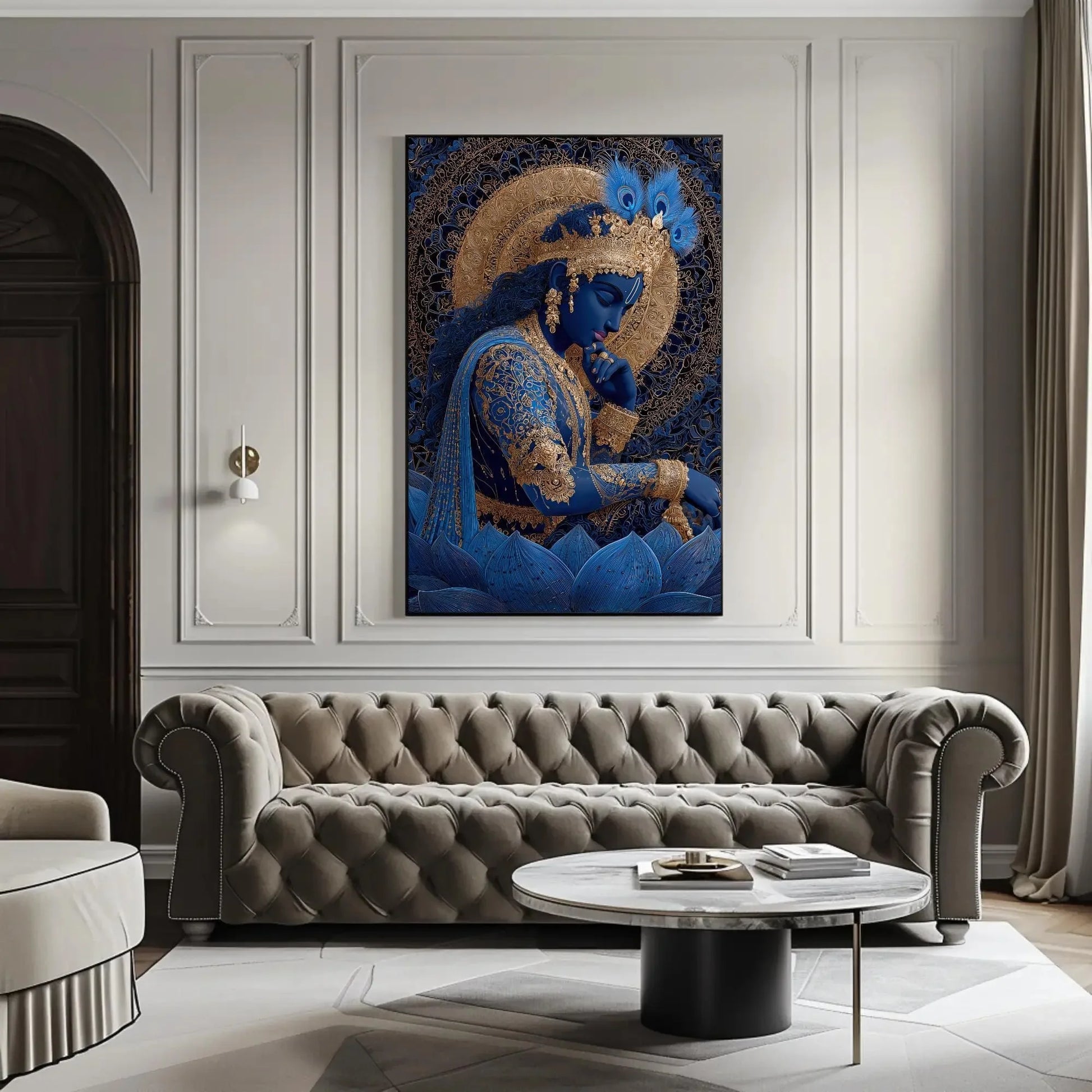 Divine Lord Krishna Art Print | Spiritual Hindu God Wall Art | Gold Detail Canvas | Yoga Zen Decor | Sacred Art Gift Wall Art – Canvas Print