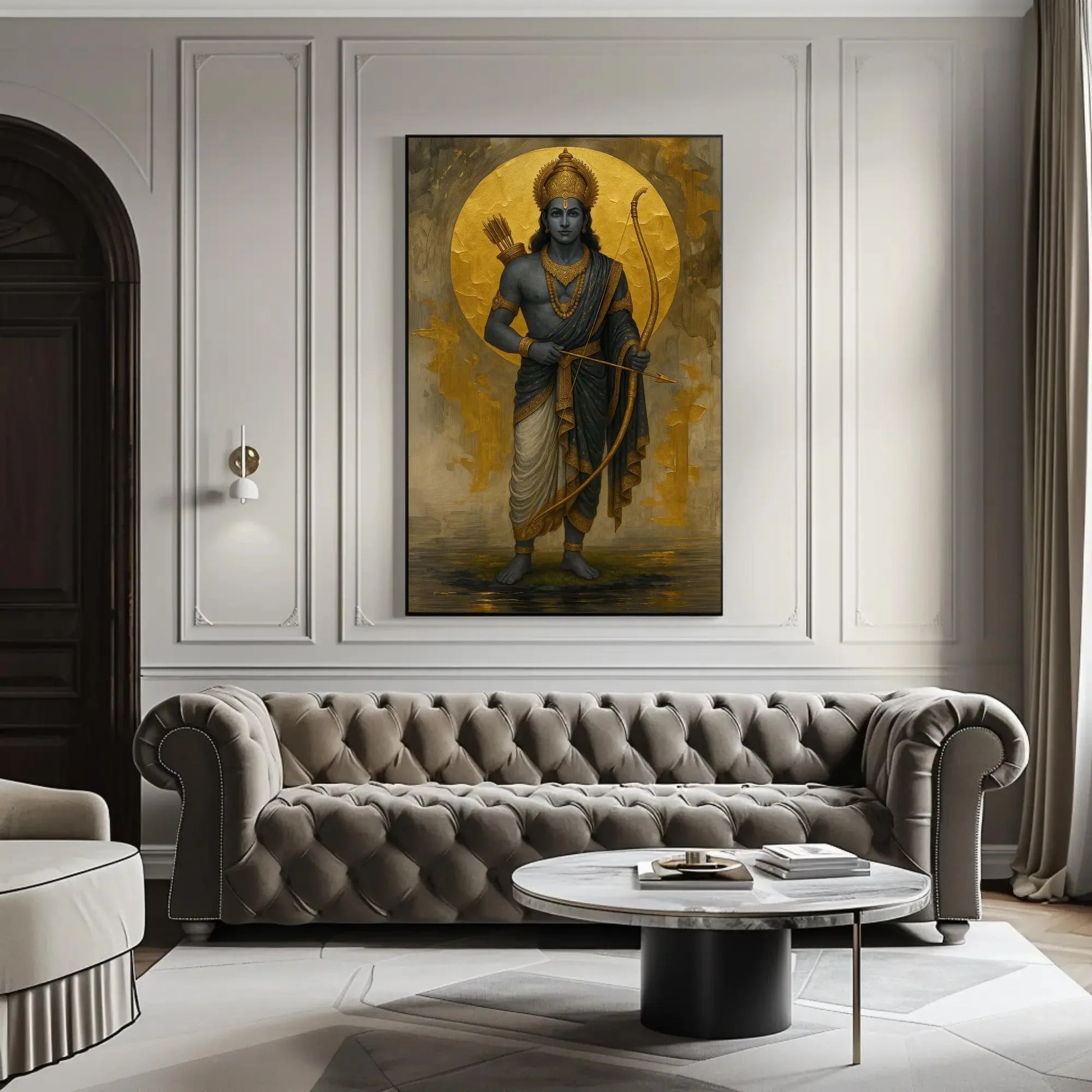 Lord Rama canvas print Golden Moon Hindu god archery painting spiritual Ramayana art wall decor for home mandir or puja room setting Wall Art – Canvas Print