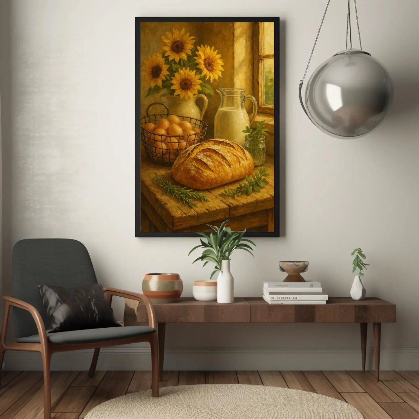 Farmhouse Fresh Kitchen Wall Art | Rustic Bread Eggs Milk Canvas Print | Sunflower Still Life Decor Wall Art – Canvas Print