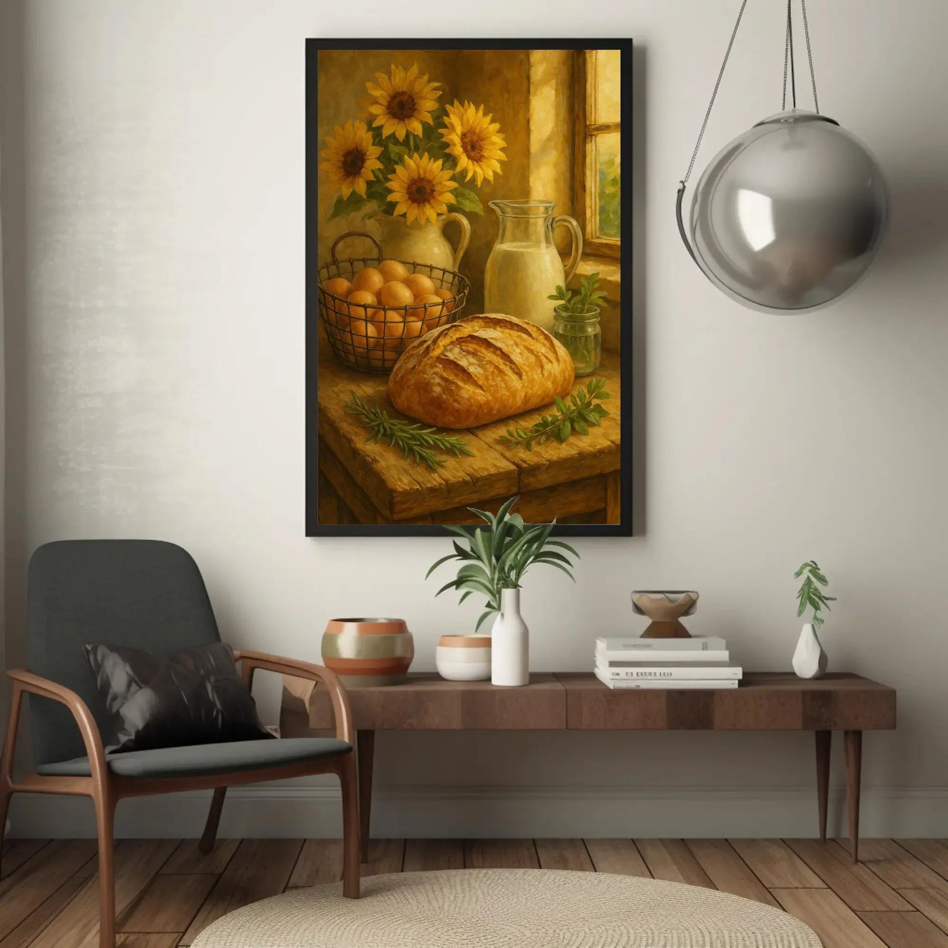 Farmhouse Fresh Kitchen Wall Art | Rustic Bread Eggs Milk Canvas Print | Sunflower Still Life Decor Wall Art – Canvas Print