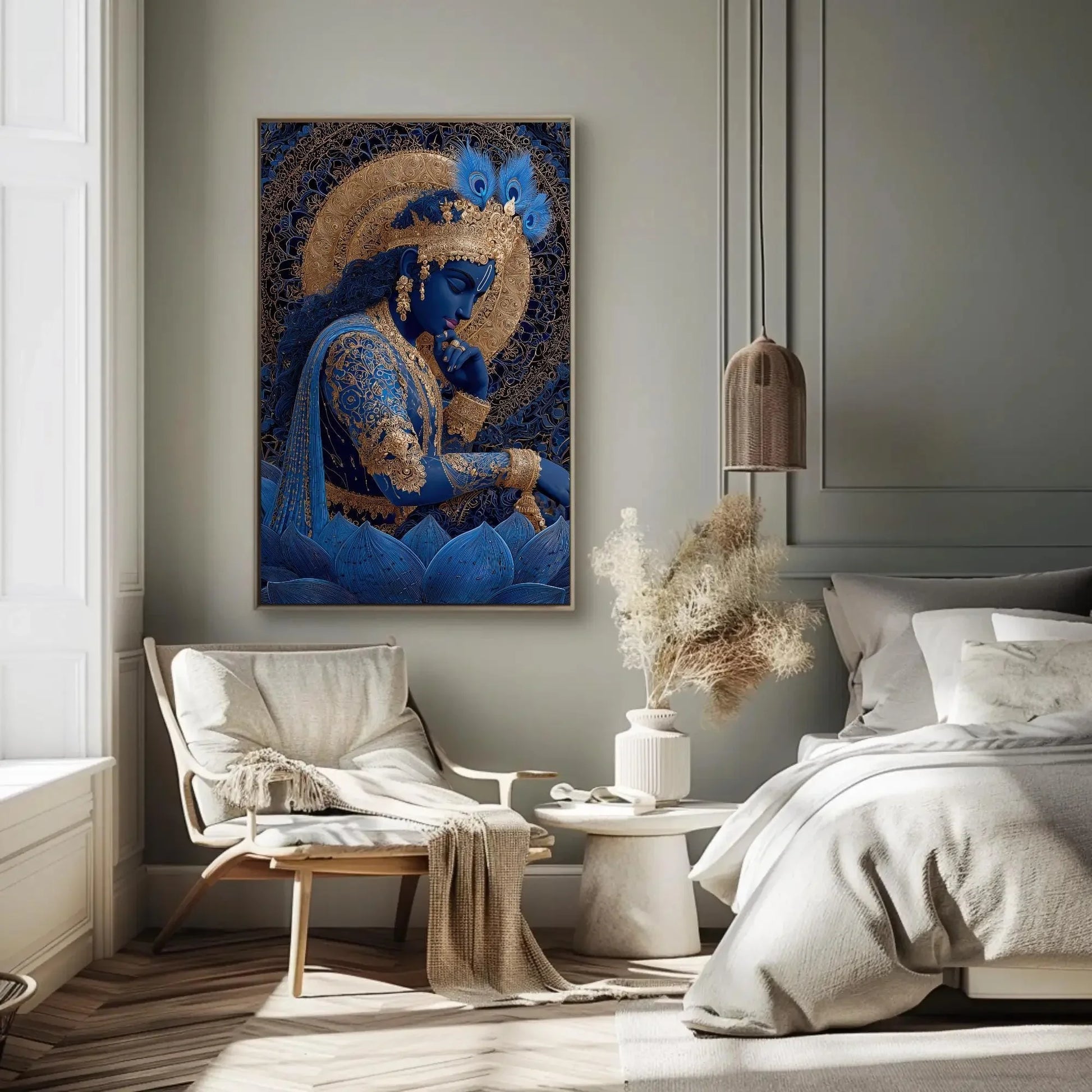 Divine Lord Krishna Art Print | Spiritual Hindu God Wall Art | Gold Detail Canvas | Yoga Zen Decor | Sacred Art Gift Wall Art – Canvas Print