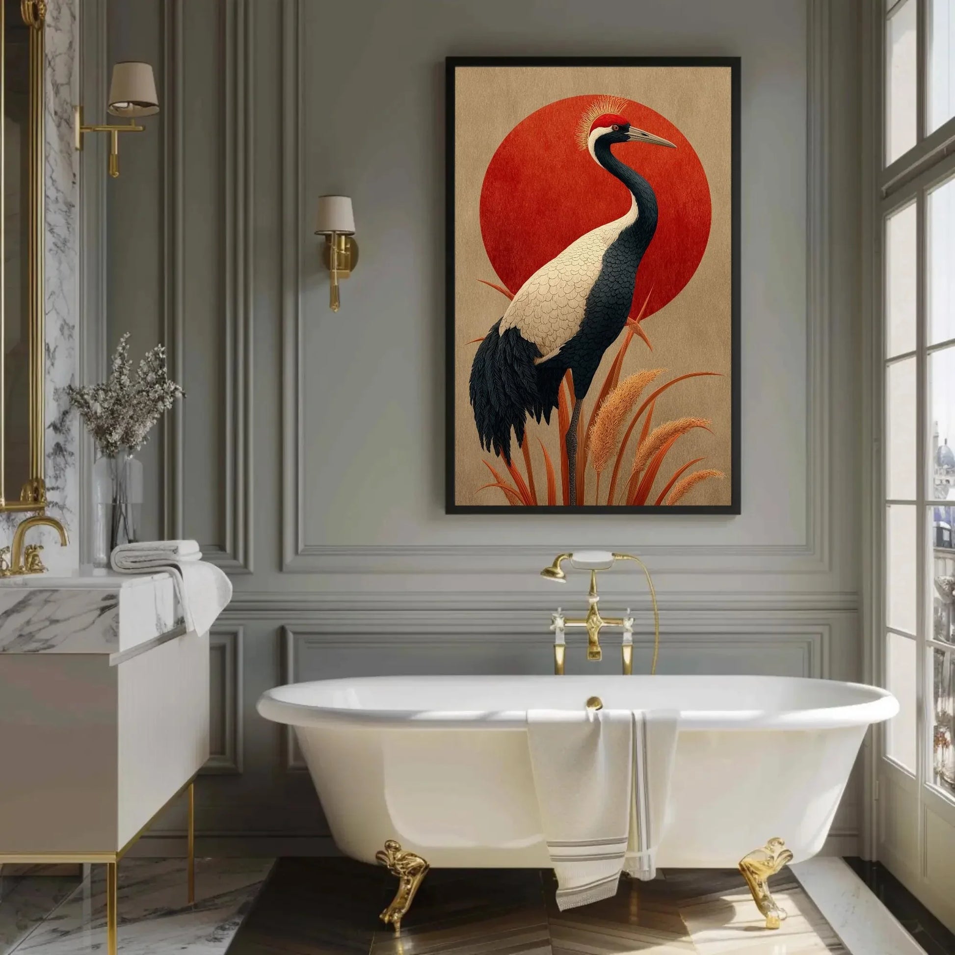 Japandi Crane Canvas Print, Red Sun Japanese Wall Art, Minimalist Bird Decor, Beige Neutral Zen Artwork, Serene Nature Gift for Home Wall Art – Canvas Print