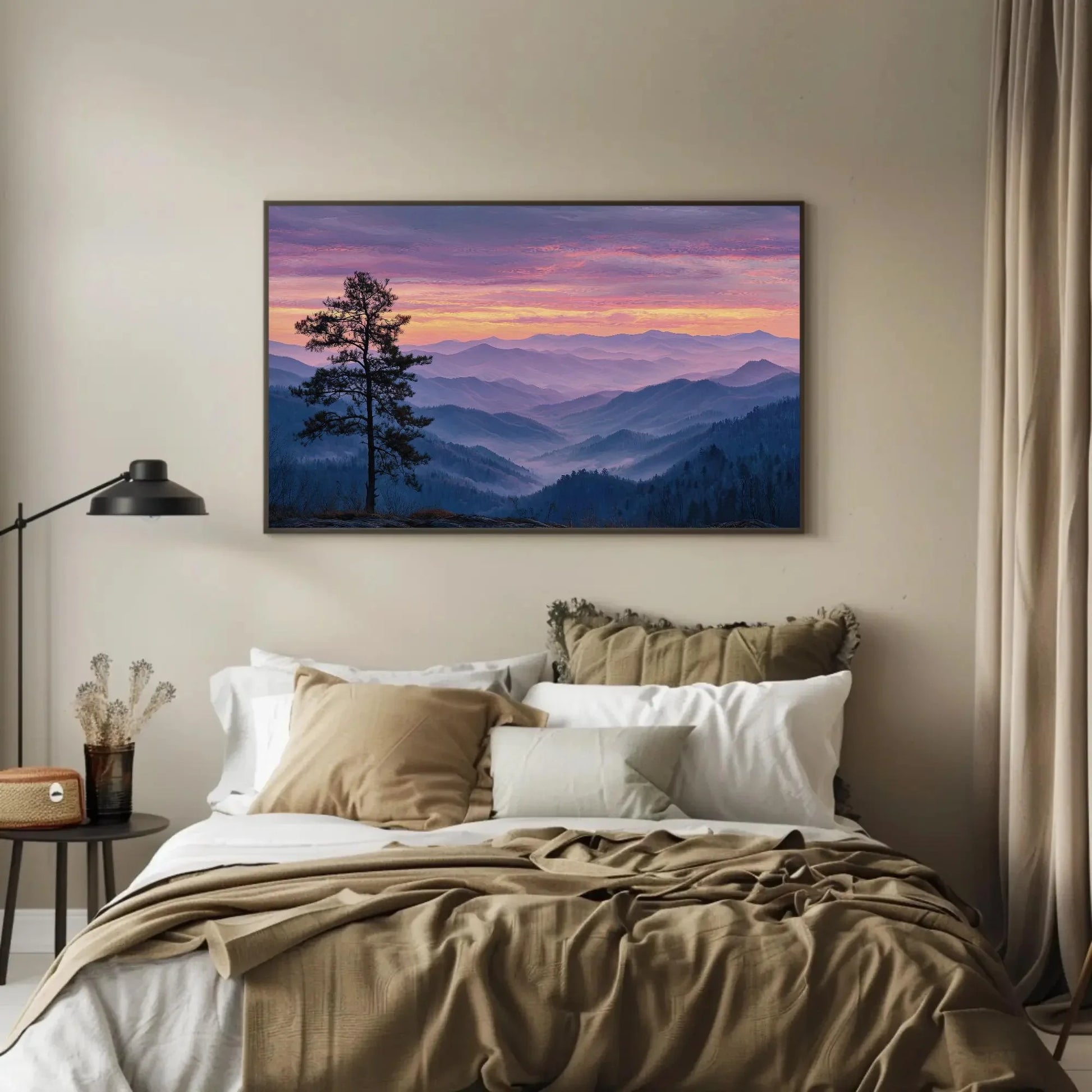 Misty Mountain Sunrise Canvas Print - Pastel Landscape Wall Art, Serene Pine Tree Painting, Tranquil Valley Decor, Nature Escape Artwork Wall Art – Canvas Print