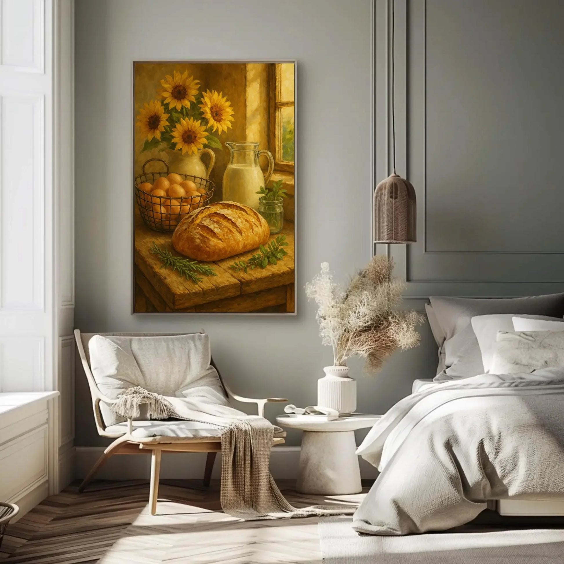 Farmhouse Fresh Kitchen Wall Art | Rustic Bread Eggs Milk Canvas Print | Sunflower Still Life Decor Wall Art – Canvas Print