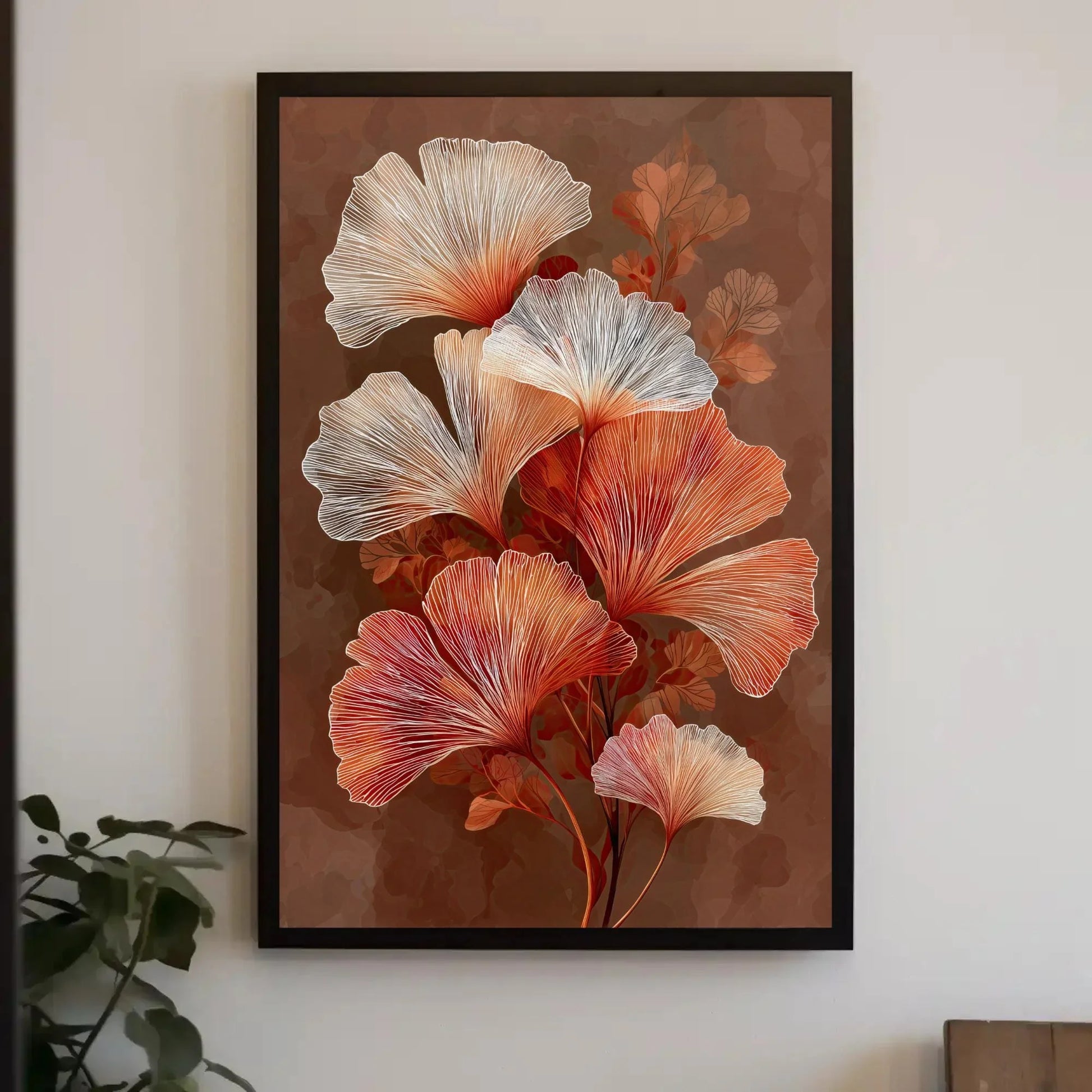 Ginkgo Leaf Canvas Art, Orange White Botanical Print, Modern Mocha Brown Wall Decor, Elegant Line Art Nature, Japanese Inspired Artwork Wall Art – Canvas Print