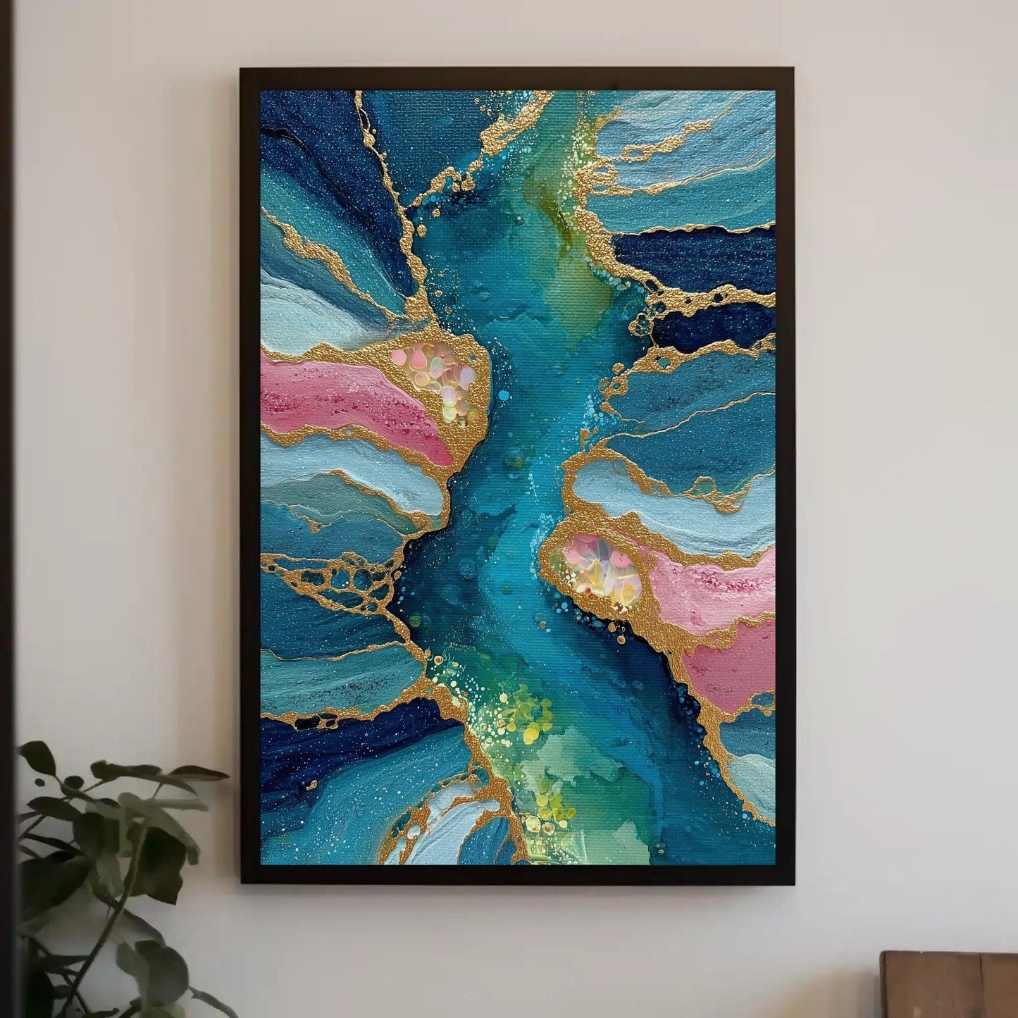 Blue Pink Gold Abstract Art, Fluid Alcohol Ink Style Canvas Print, Luxury Wall Decor, Teal Gold Marble Painting, Elegant Statement Piece Wall Art – Canvas Print