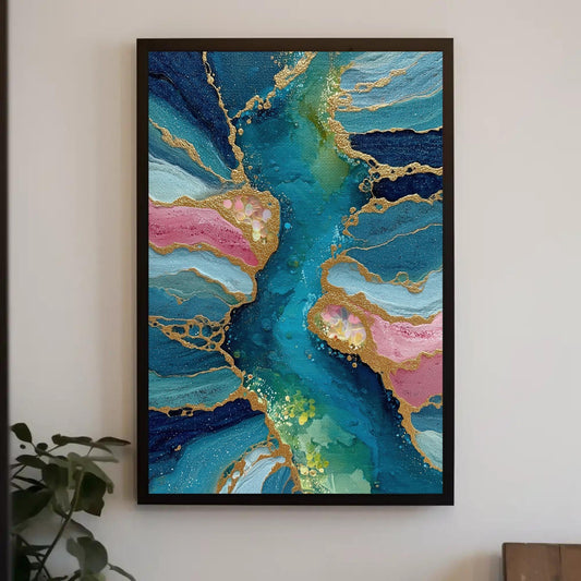 Blue Pink Gold Abstract Art, Fluid Alcohol Ink Style Canvas Print, Luxury Wall Decor, Teal Gold Marble Painting, Elegant Statement Piece Wall Art – Canvas Print
