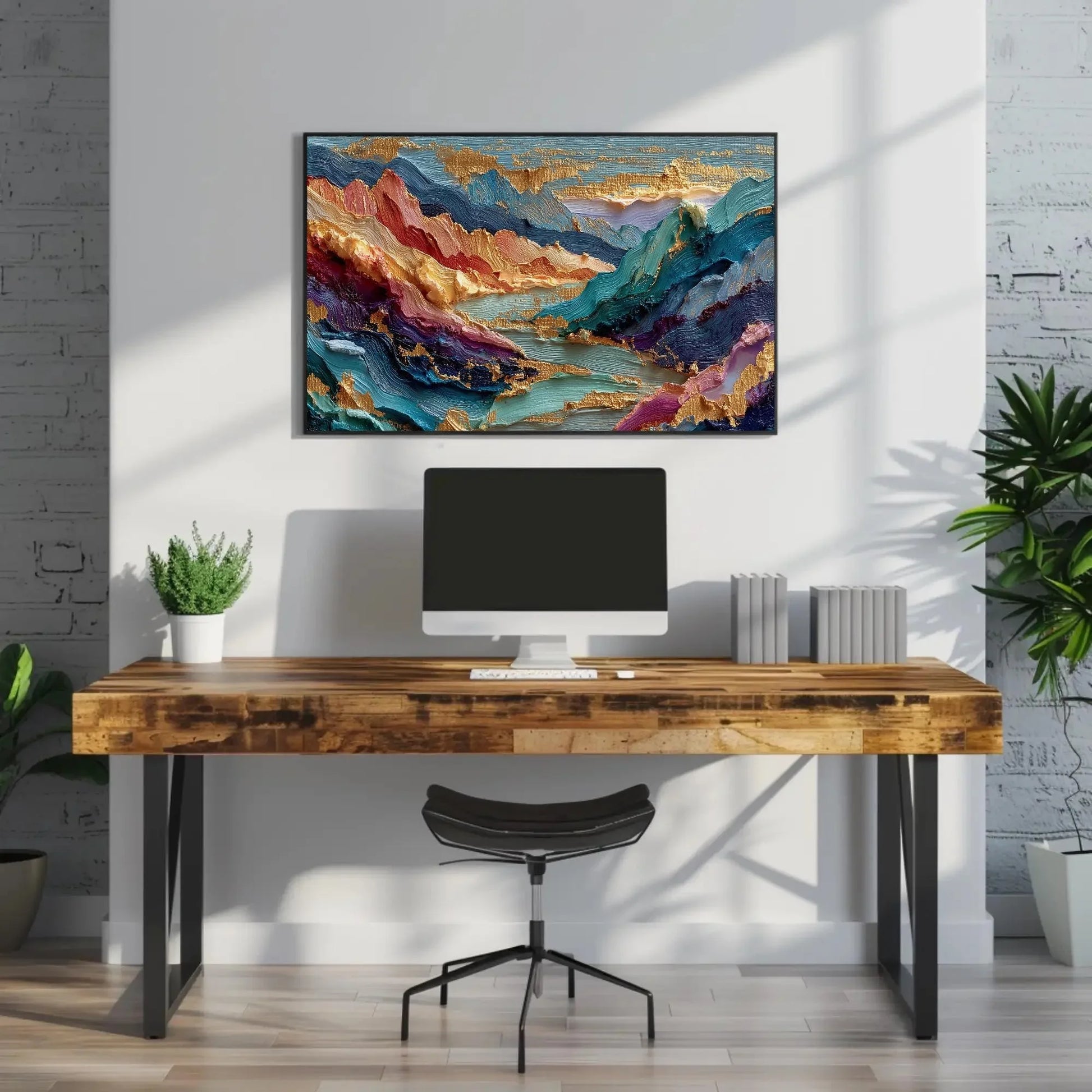 Textured Mountain Abstract Art, Impasto Gold Leaf Canvas Print, Colorful Landscape Painting, Sculptural Wall Decor Large, Vibrant Peaks Wall Art – Canvas Print