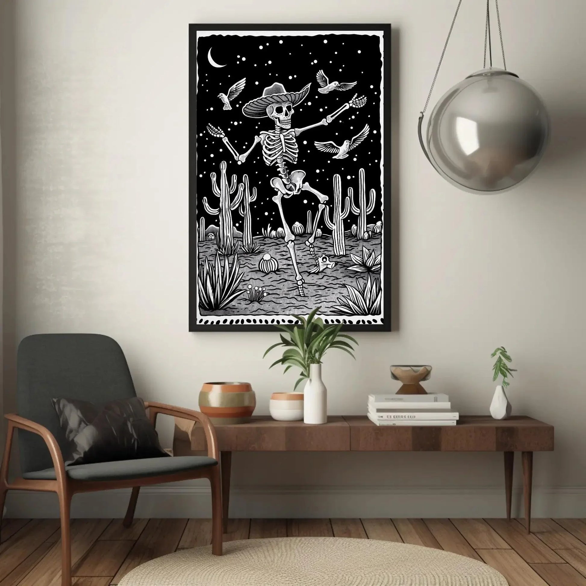 Black and White Skull Desert Canvas Print, Extra Large Mexican Cactus Art, Tattoo-Inspired Wall Decor for Western or Gothic Home Aesthetic Wall Art – Canvas Print