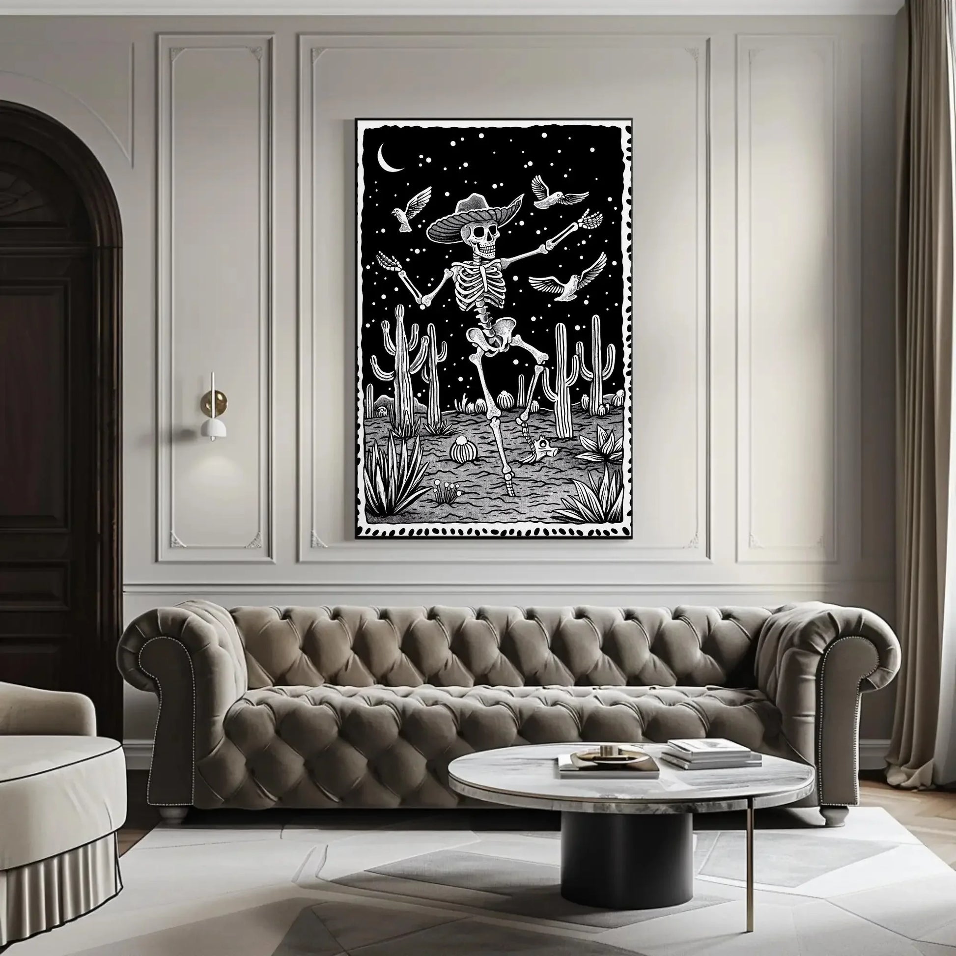 Black and White Skull Desert Canvas Print, Extra Large Mexican Cactus Art, Tattoo-Inspired Wall Decor for Western or Gothic Home Aesthetic Wall Art – Canvas Print