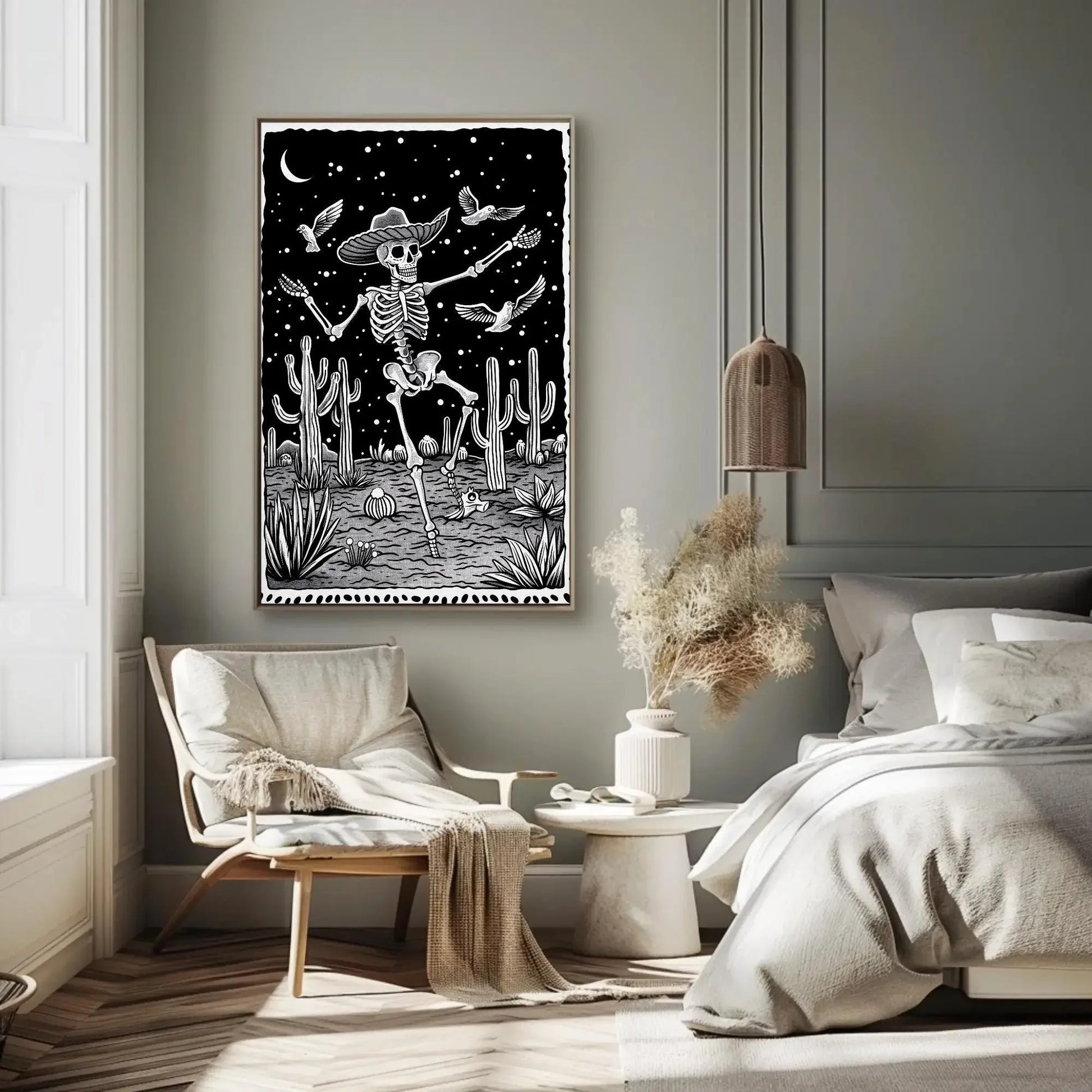Black and White Skull Desert Canvas Print, Extra Large Mexican Cactus Art, Tattoo-Inspired Wall Decor for Western or Gothic Home Aesthetic Wall Art – Canvas Print