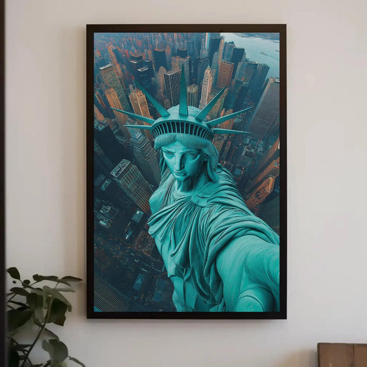 Statue of Liberty Aerial Selfie Canvas Print, New York City Skyline Wall Art, Fun Pop Art Travel Decor for Living Room or Office Wall Art – Canvas Print