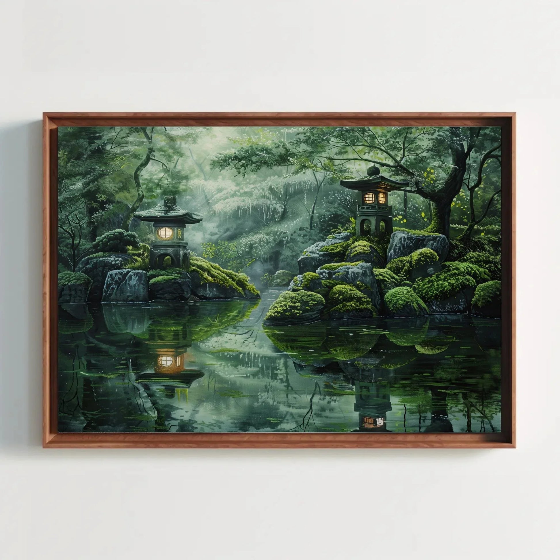 Japanese Zen Garden Canvas Wall Art – Tranquil Lantern Landscape Painting With Reflections And Mossy Rocks For Spa Or Meditation Room Wall Art – Canvas Print