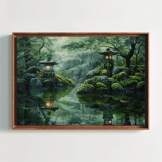 Japanese Zen Garden Canvas Wall Art – Tranquil Lantern Landscape Painting With Reflections And Mossy Rocks For Spa Or Meditation Room Wall Art – Canvas Print