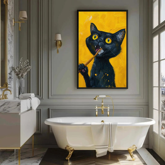 Black Cat Brushing Teeth Canvas Print, Rustic Farmhouse Wall Art, Extra Large Funny Cat Decor, Unique Holiday Gift for Cat Lovers Painting Wall Art – Canvas Print
