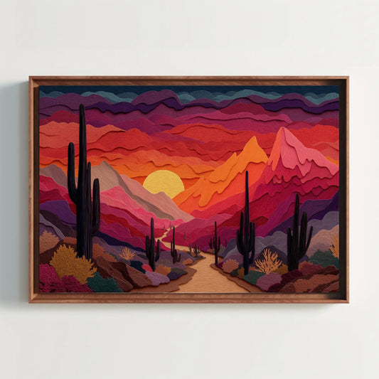 Desert Sunset Paper Cut Art Print, Saguaro Cactus Wall Decor, Modern Graphic Landscape, Orange Purple Sky, Layered Nature Artwork Wall Art – Canvas Print