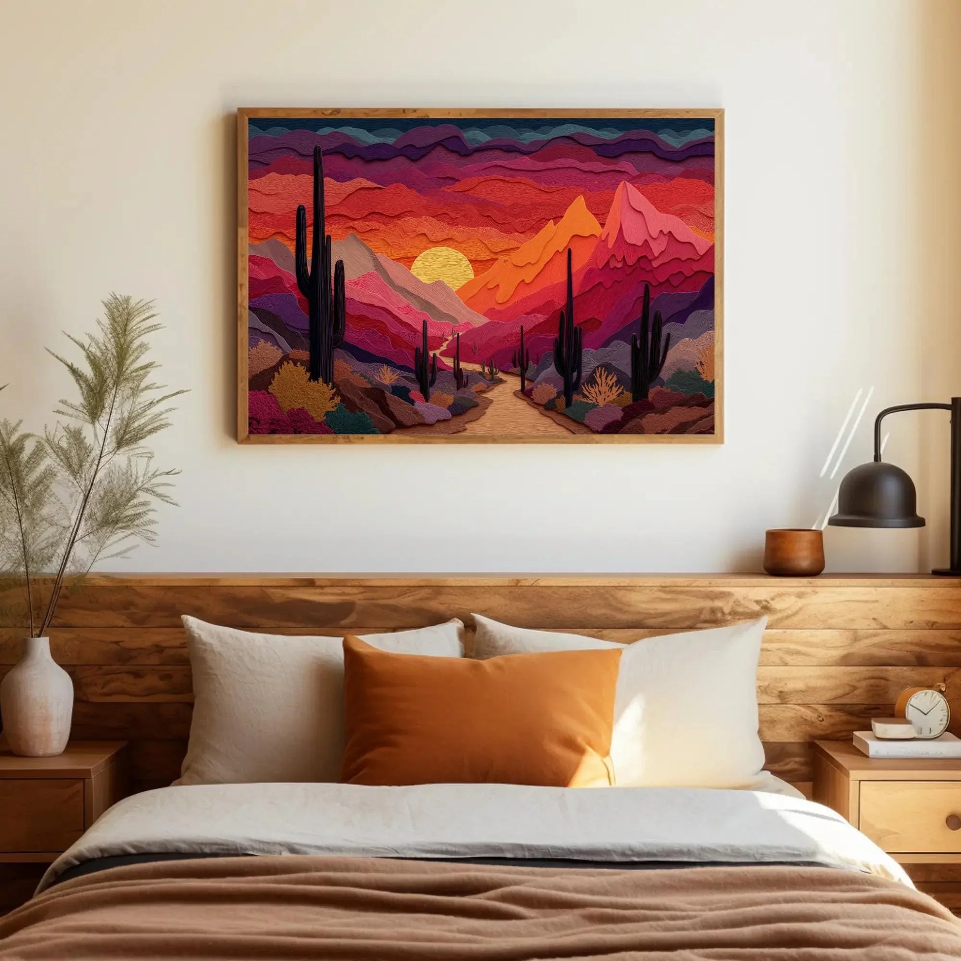 Desert Sunset Paper Cut Art Print, Saguaro Cactus Wall Decor, Modern Graphic Landscape, Orange Purple Sky, Layered Nature Artwork Wall Art – Canvas Print