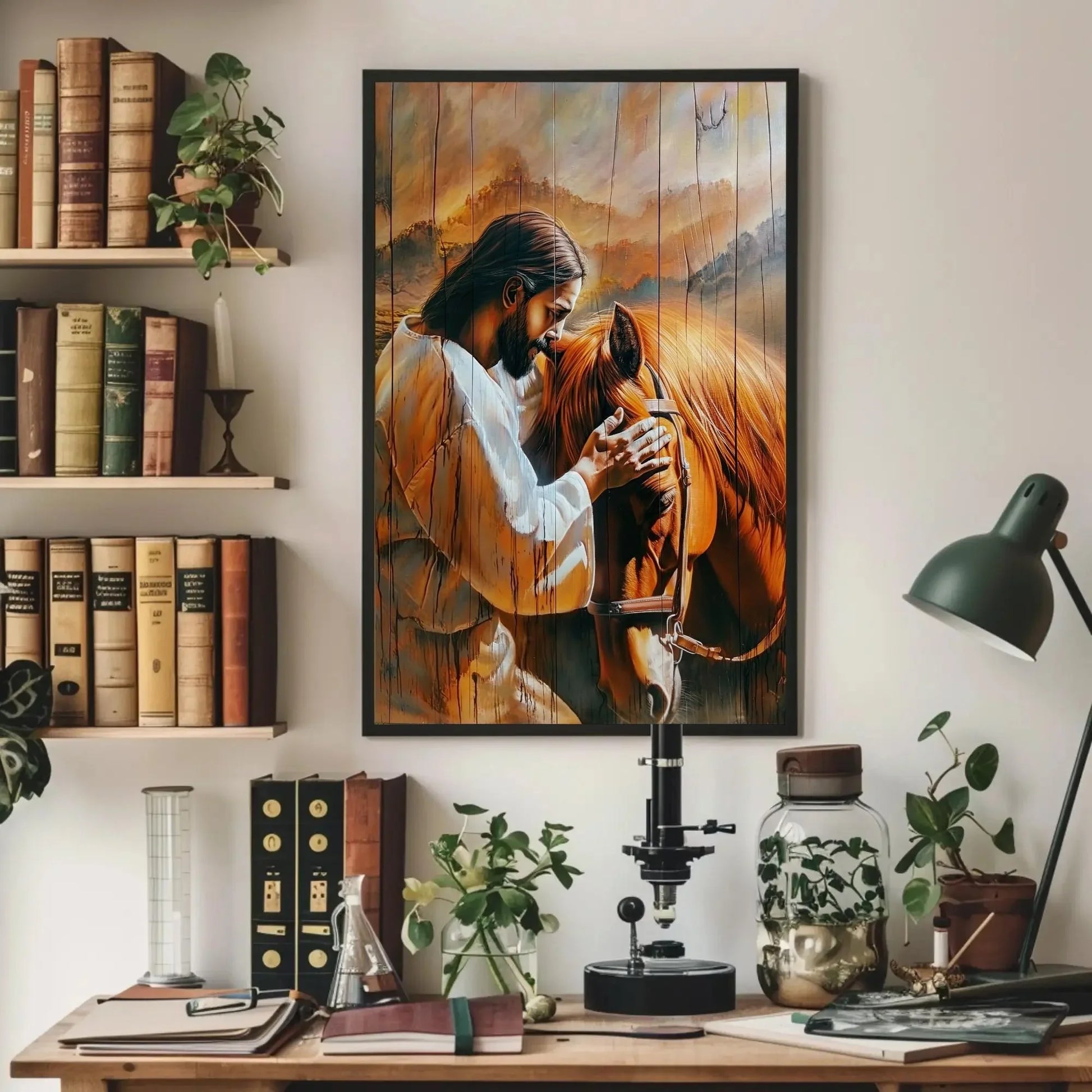 Jesus Christ Petting a Horse Canvas Print - Rustic Wood Effect Wall Art - Christian Decor - Spiritual Art, Framed or Unframed, Ready to Hang Wall Art – Canvas Print