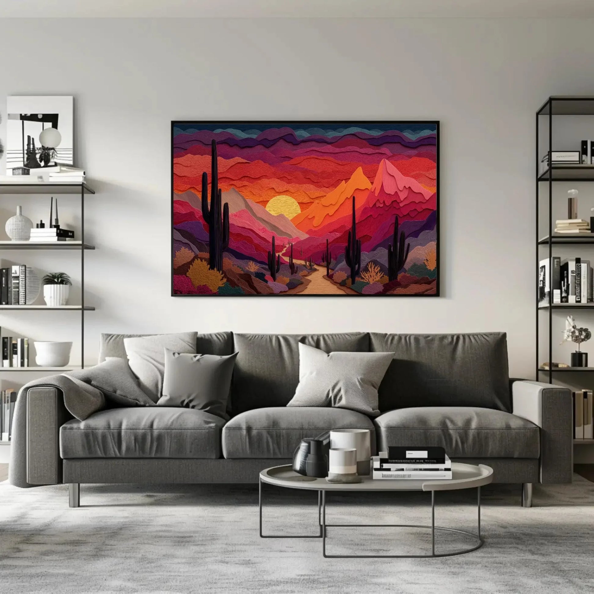 Desert Sunset Paper Cut Art Print, Saguaro Cactus Wall Decor, Modern Graphic Landscape, Orange Purple Sky, Layered Nature Artwork Wall Art – Canvas Print