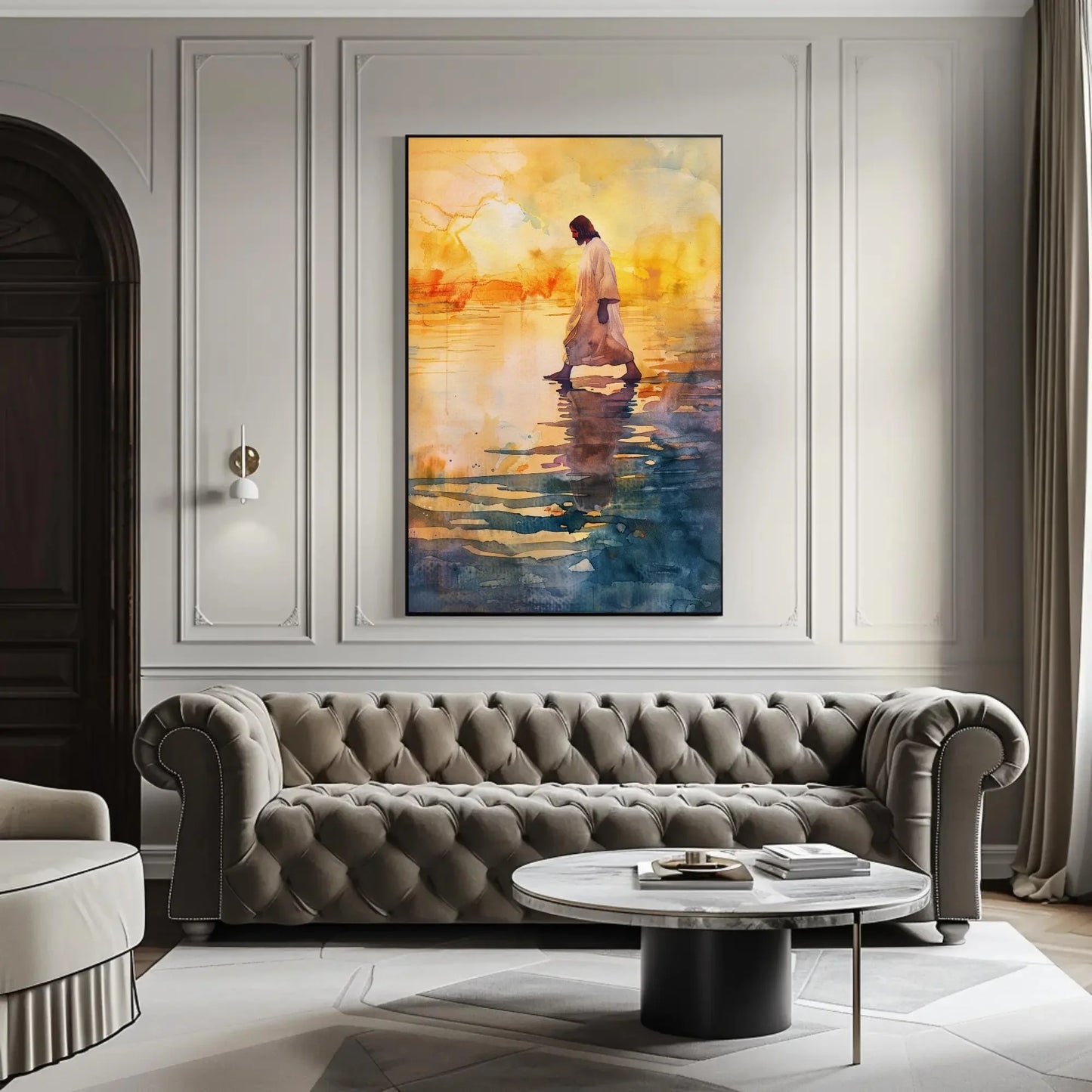 Jesus Walking on Water Sunset Canvas Print - Peaceful Watercolor Christian Painting - Extra Large Faith Wall Art for Home or Prayer Room Wall Art – Canvas Print