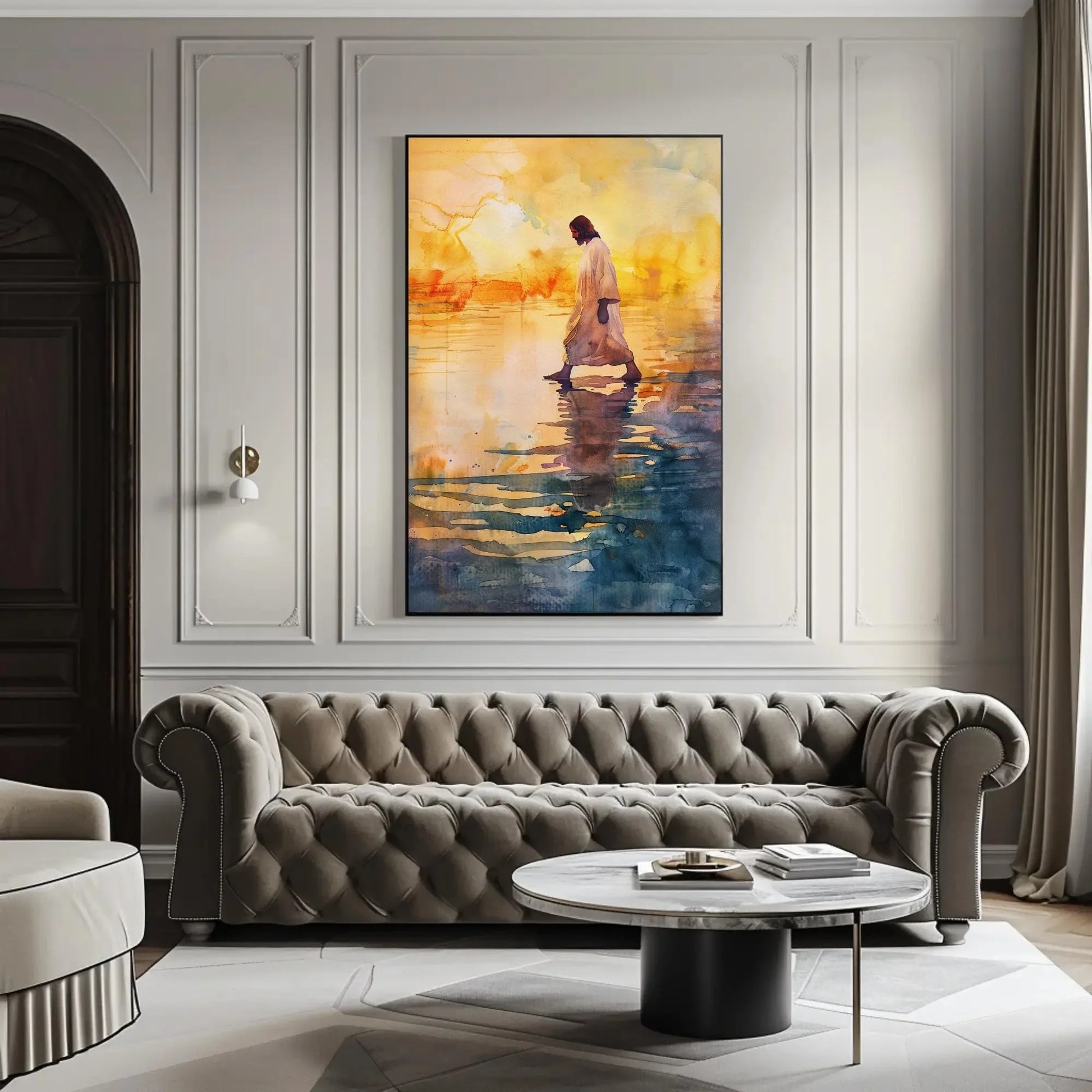 Jesus Walking on Water Sunset Canvas Print - Peaceful Watercolor Christian Painting - Extra Large Faith Wall Art for Home or Prayer Room Wall Art – Canvas Print