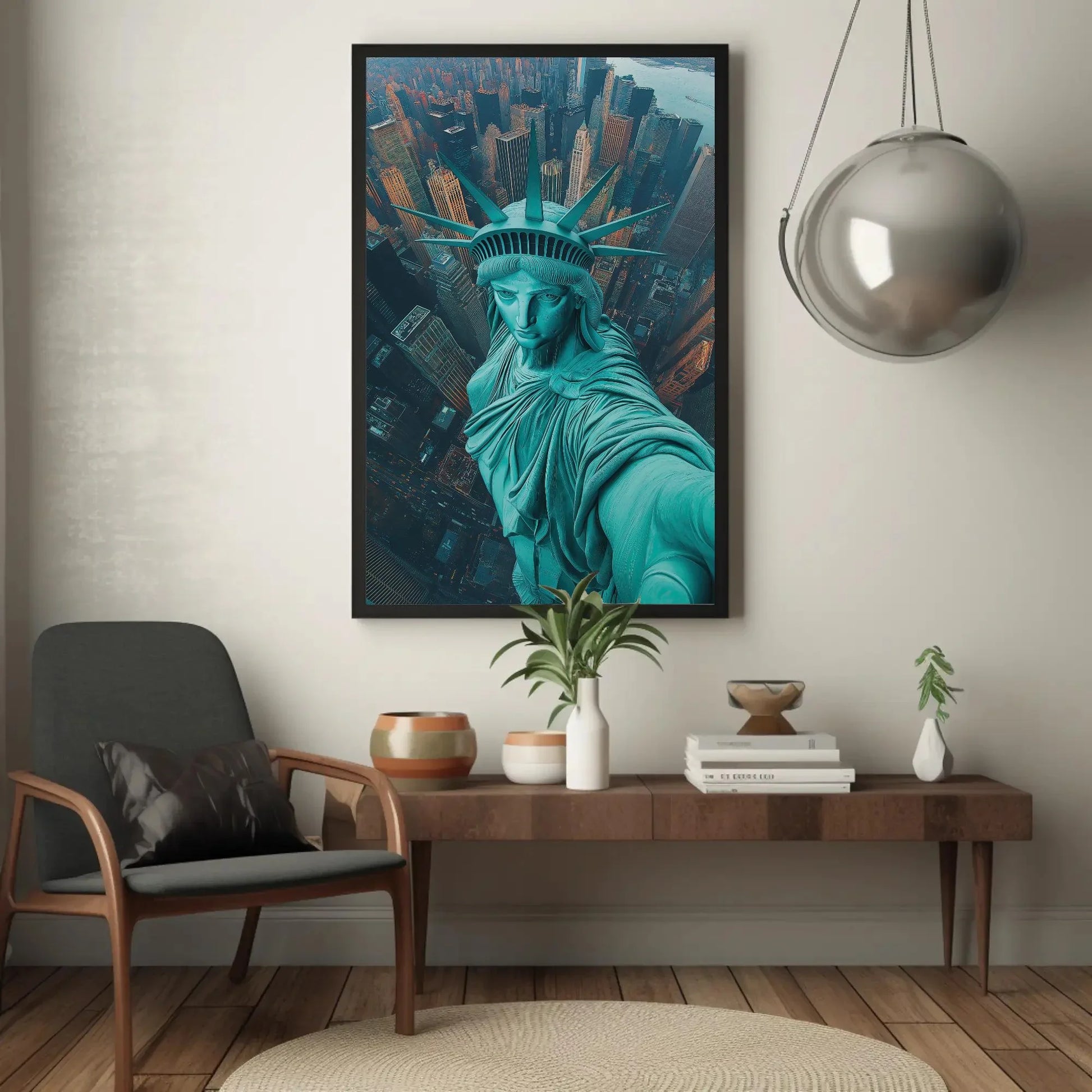Statue of Liberty Aerial Selfie Canvas Print, New York City Skyline Wall Art, Fun Pop Art Travel Decor for Living Room or Office Wall Art – Canvas Print