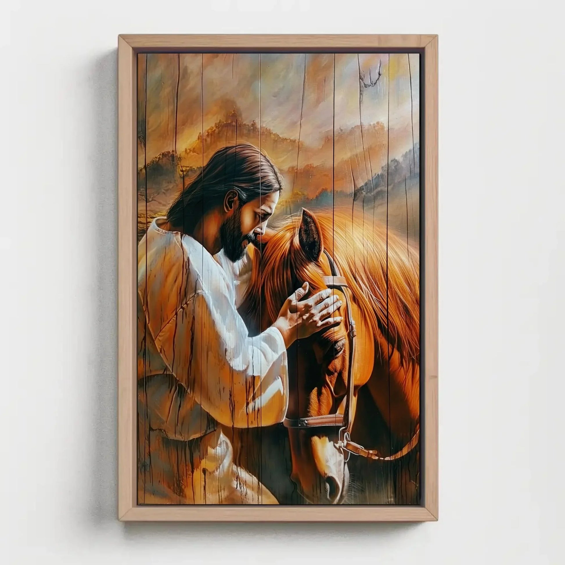 Jesus Christ Petting a Horse Canvas Print - Rustic Wood Effect Wall Art - Christian Decor - Spiritual Art, Framed or Unframed, Ready to Hang Wall Art – Canvas Print