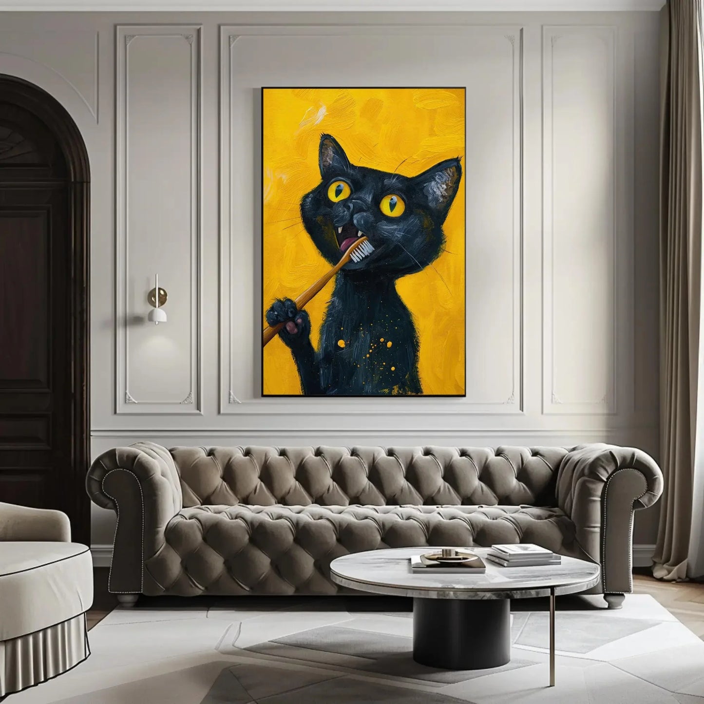 Black Cat Brushing Teeth Canvas Print, Rustic Farmhouse Wall Art, Extra Large Funny Cat Decor, Unique Holiday Gift for Cat Lovers Painting Wall Art – Canvas Print