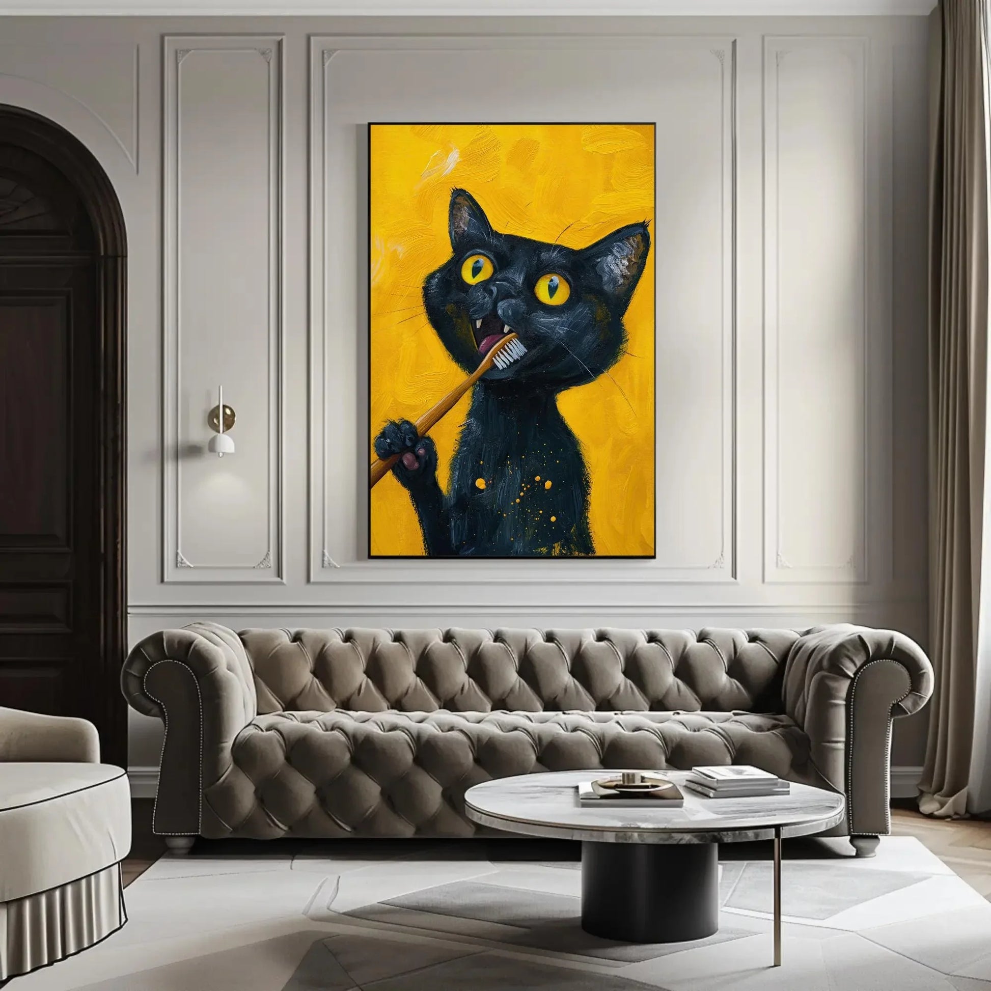 Black Cat Brushing Teeth Canvas Print, Rustic Farmhouse Wall Art, Extra Large Funny Cat Decor, Unique Holiday Gift for Cat Lovers Painting Wall Art – Canvas Print