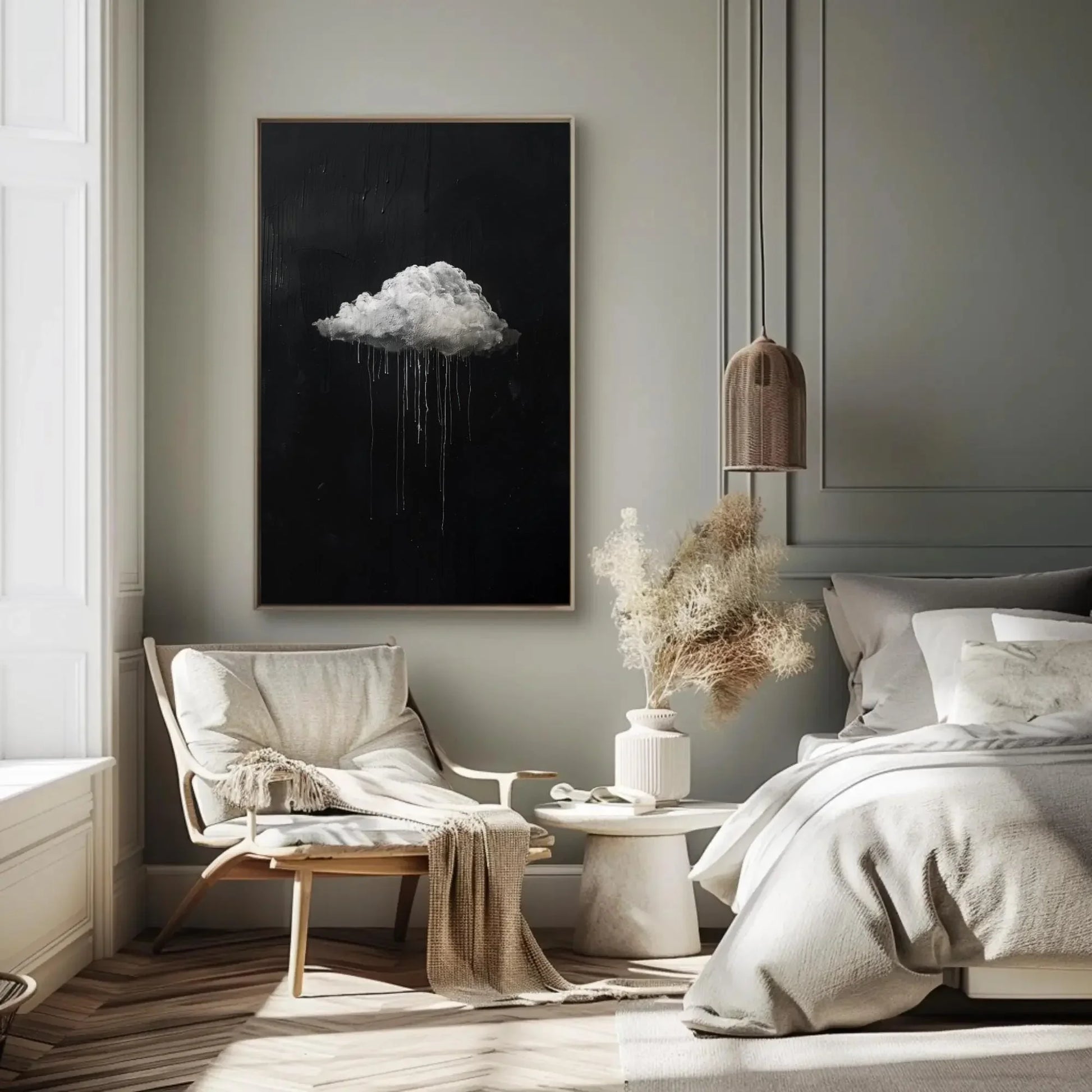 Moody Cloud Drip Painting Canvas Wall Art in Black and White, Modern Abstract Rain Cloud Print for Office or Living Room Decor Wall Art – Canvas Print