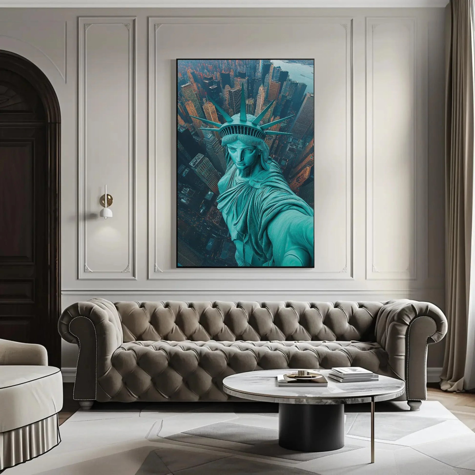 Statue of Liberty Aerial Selfie Canvas Print, New York City Skyline Wall Art, Fun Pop Art Travel Decor for Living Room or Office Wall Art – Canvas Print