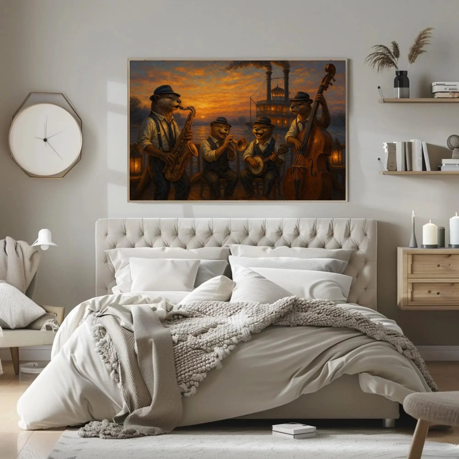 Otters Riverboat Jazz Band Canvas Print | Sunset Music Wall Art | Anthropomorphic Animal Art | Nostalgic Giclée Decor Wall Art – Canvas Print