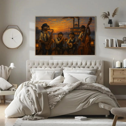 Otters Riverboat Jazz Band Canvas Print | Sunset Music Wall Art | Anthropomorphic Animal Art | Nostalgic Giclée Decor Wall Art – Canvas Print