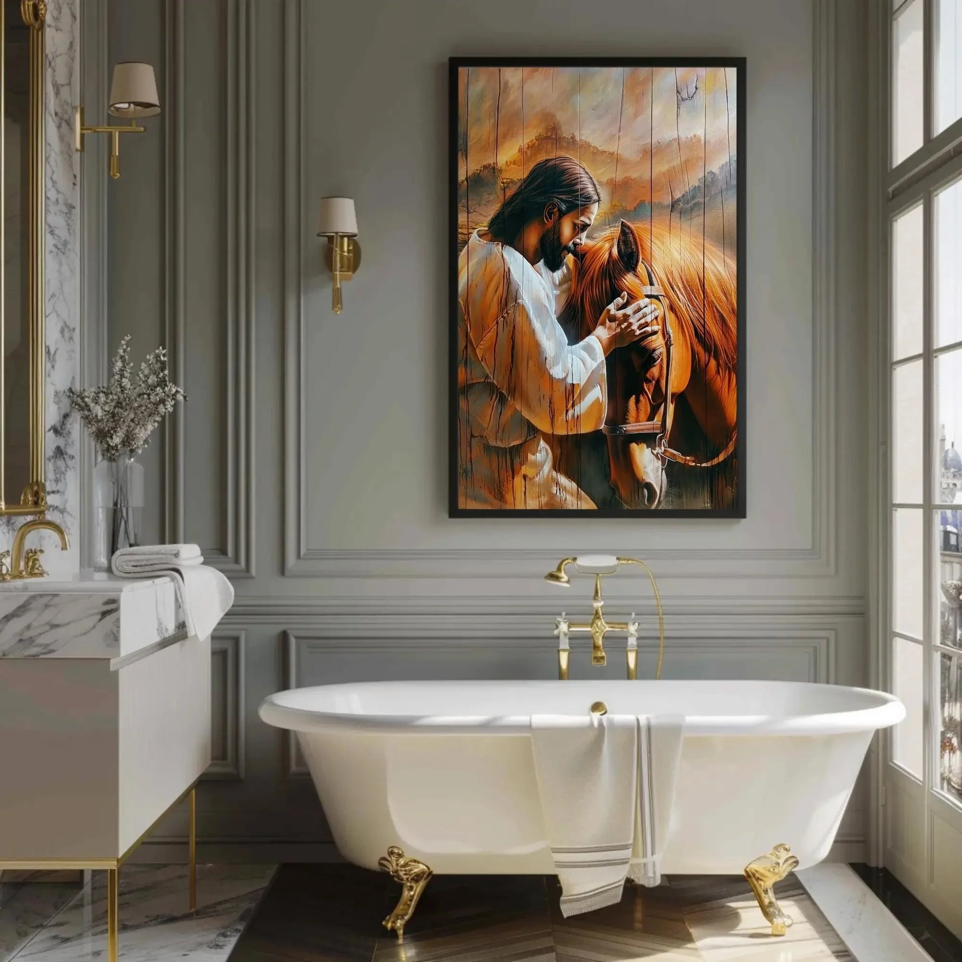 Jesus Christ Petting a Horse Canvas Print - Rustic Wood Effect Wall Art - Christian Decor - Spiritual Art, Framed or Unframed, Ready to Hang Wall Art – Canvas Print
